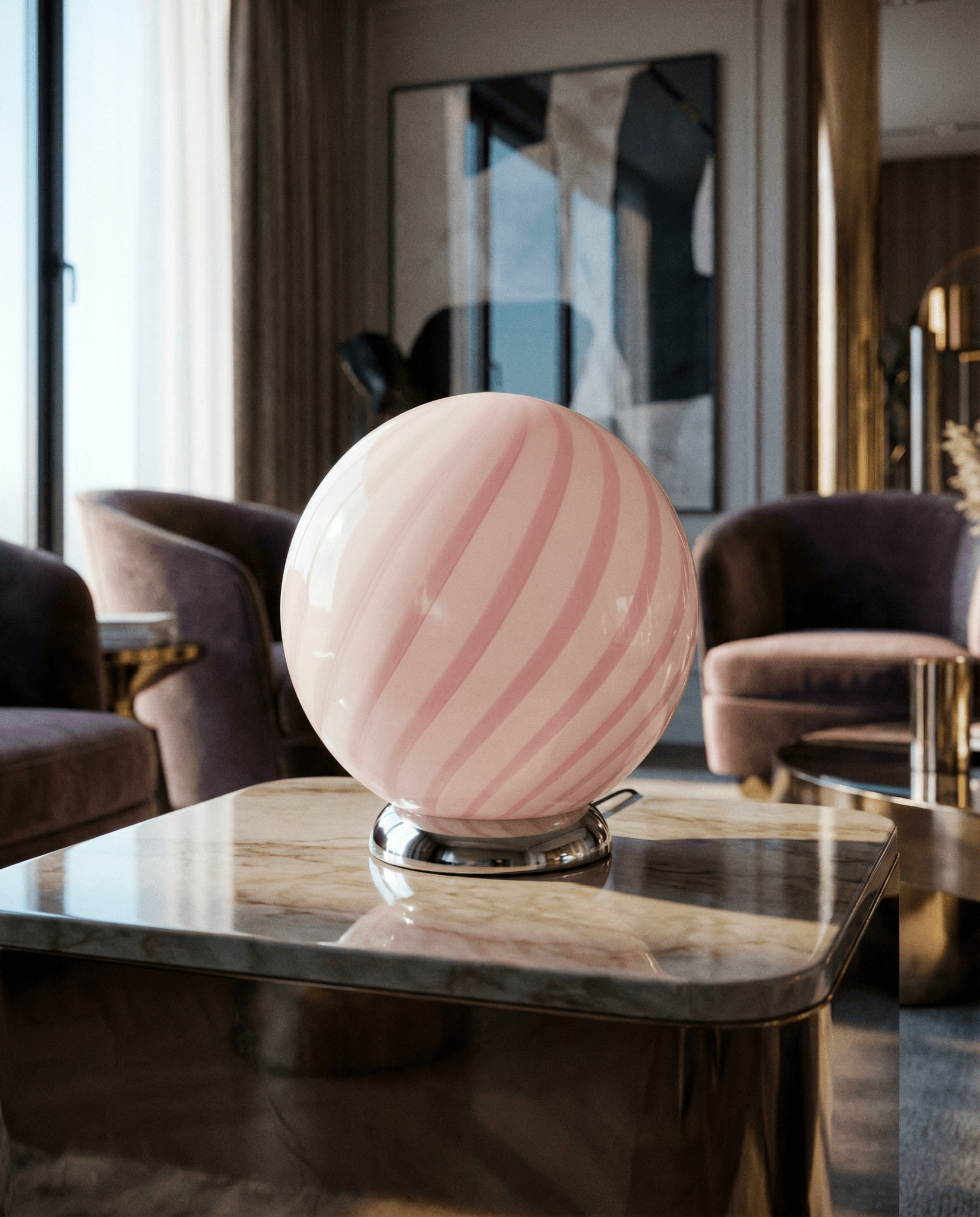 Candy Murano glass sphere table lamp marshmellow pink swirl D20