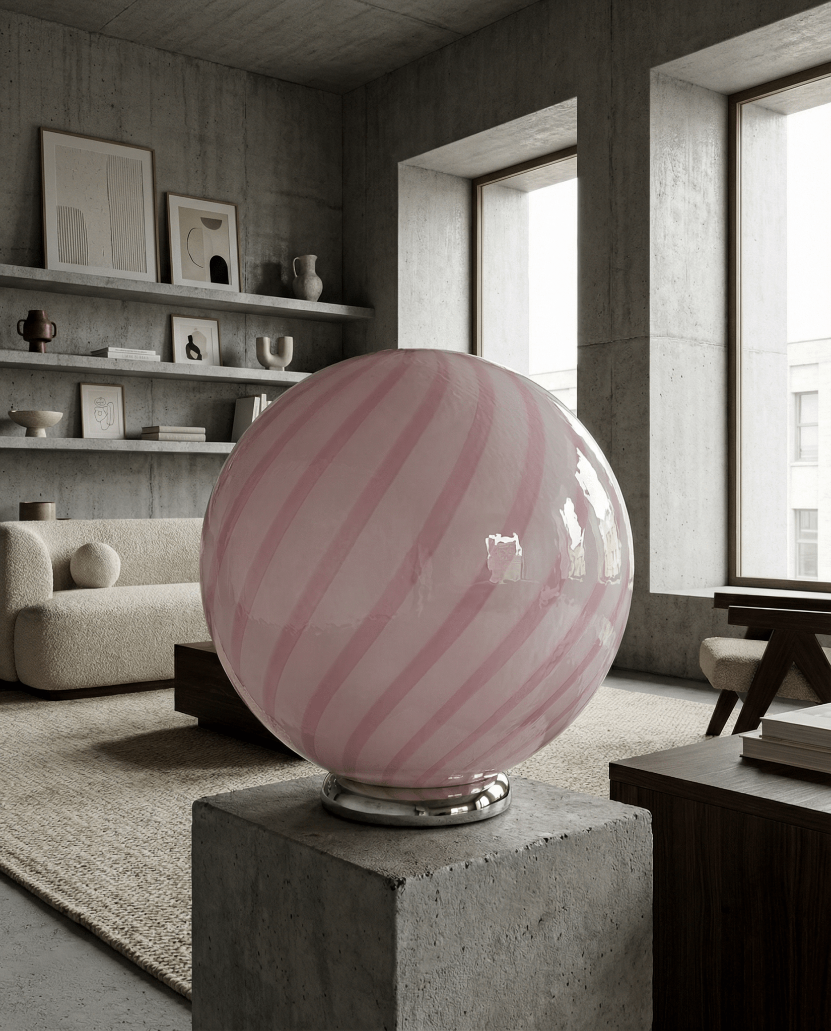 Candy Murano glass sphere table lamp marshmellow pink swirl D40