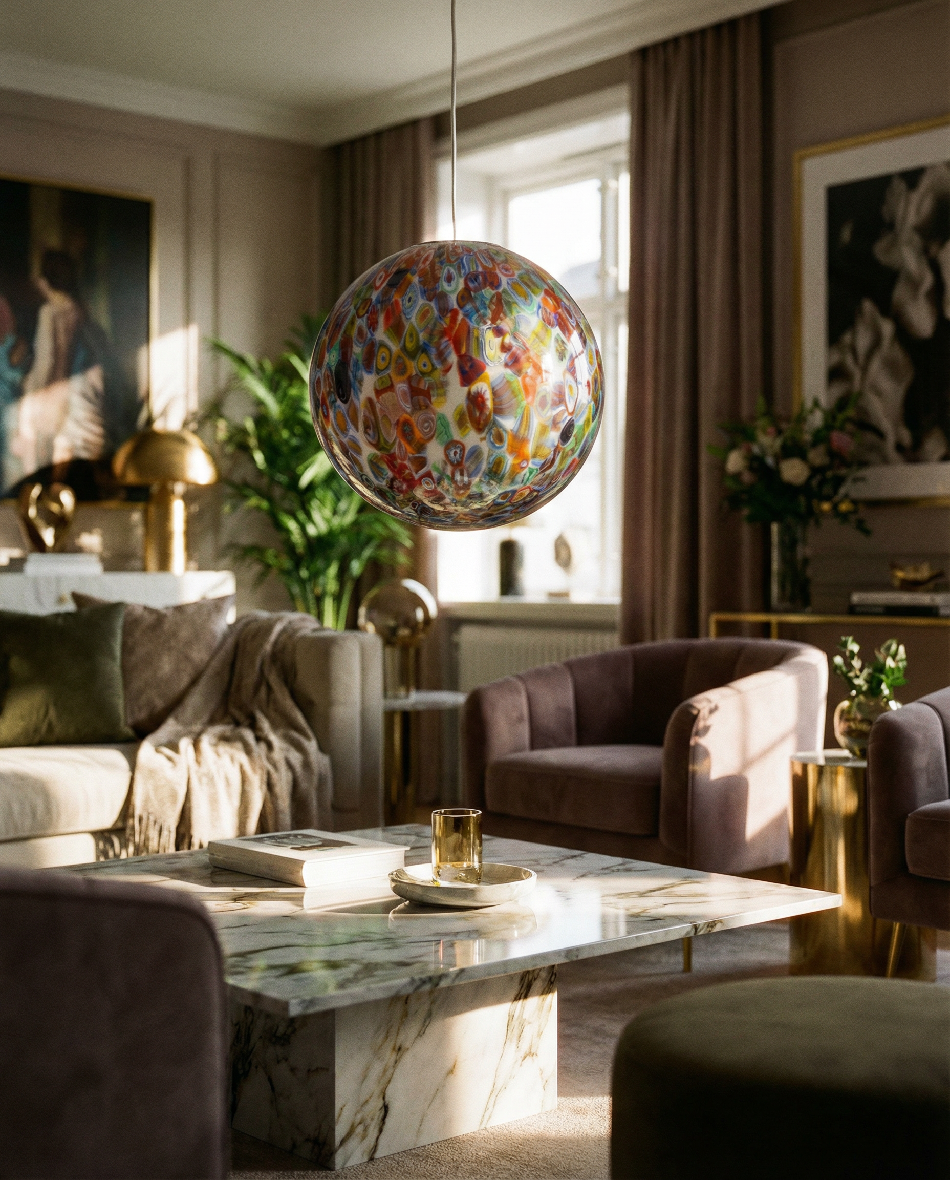 Lampada a sospensione "Murrina" a sfera in vetro di Murano D30