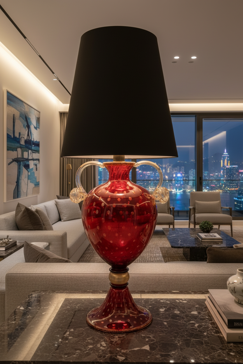 Lampada da tavolo "Venezia" con balloton Oro 24Kt e rosso rubino