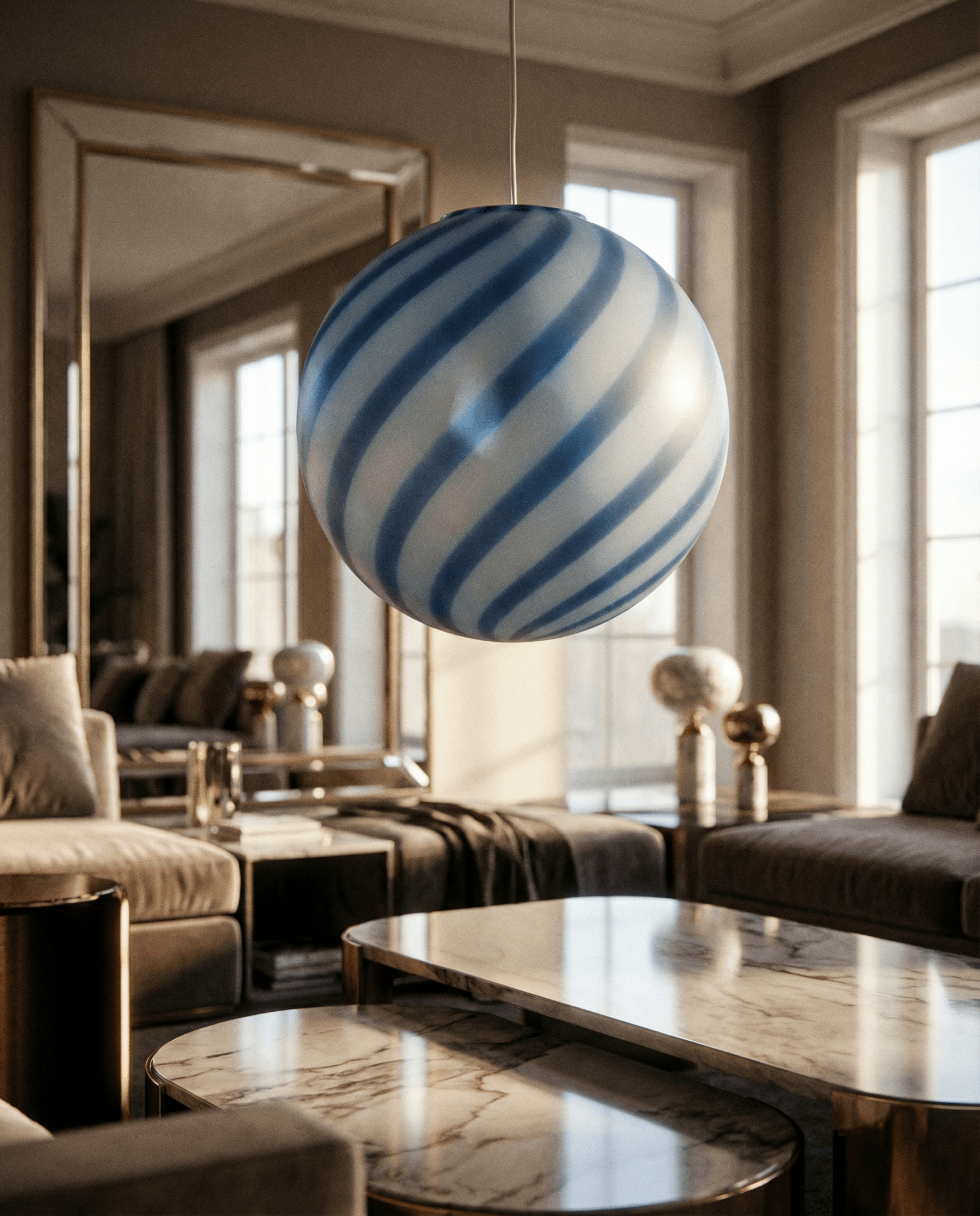 Candy Murano glass sphere pendant lamp blueberry blue swirl D30