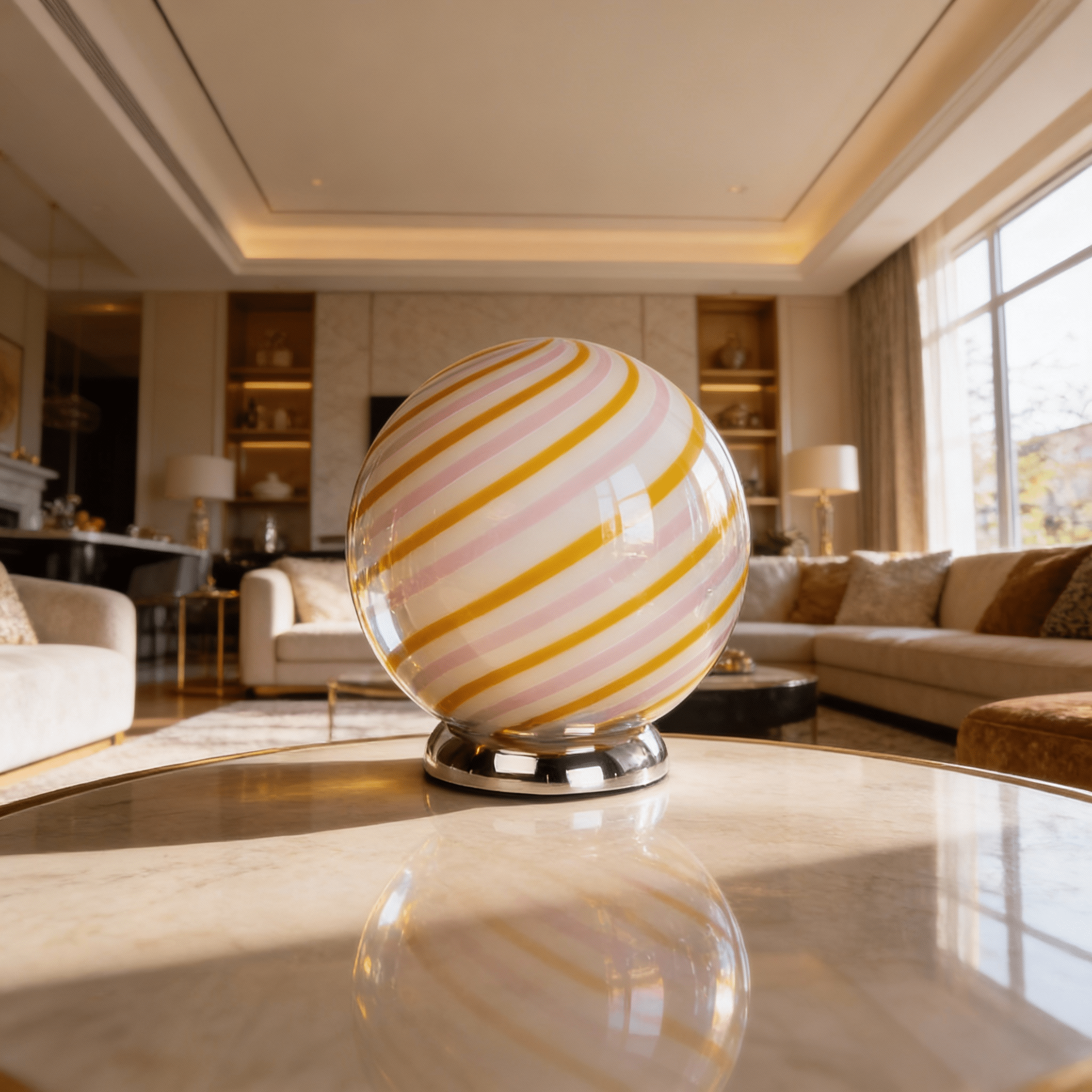 Candy Murano glass sphere table lamp "Love & Senape" pink and yellow swirl D20