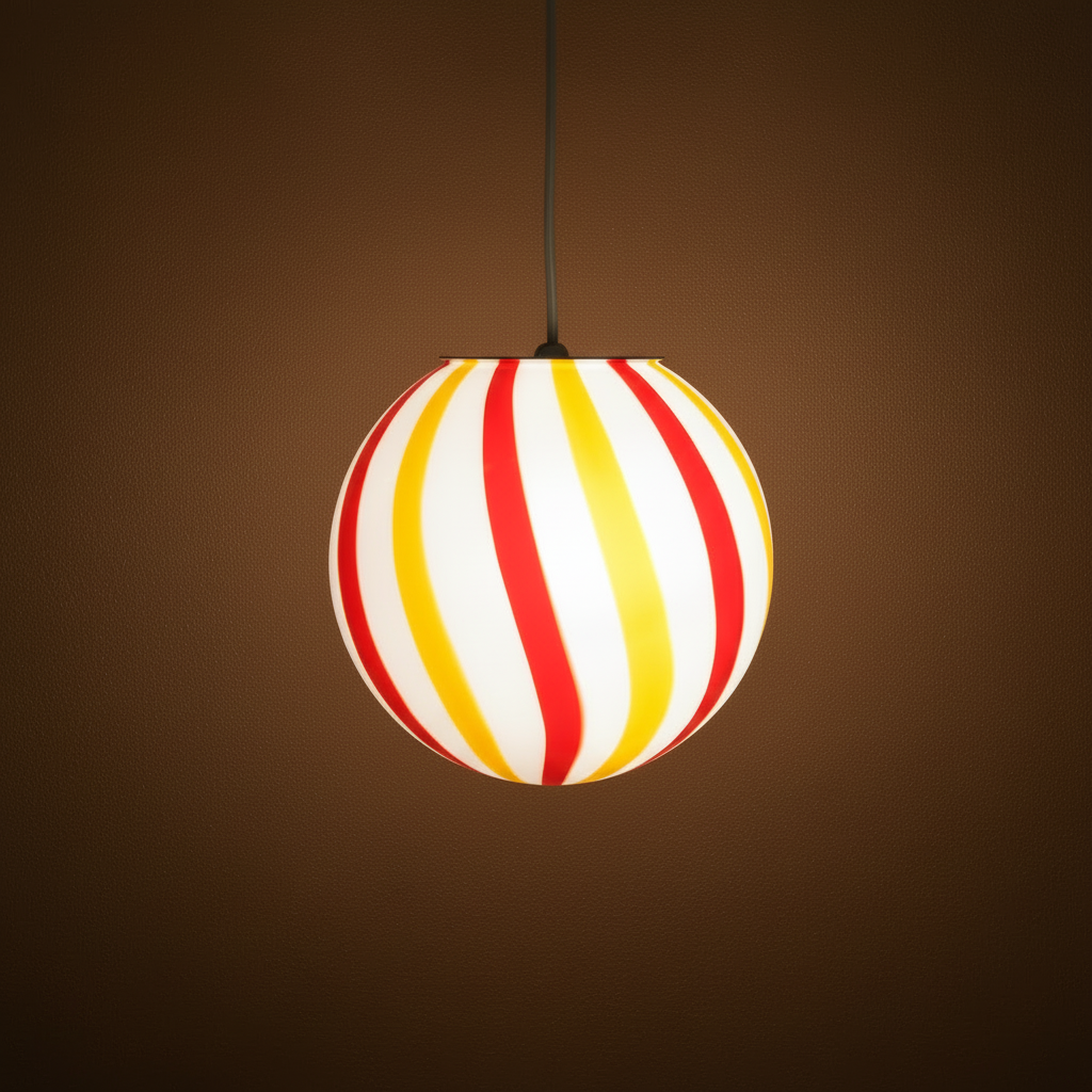 Candy Murano glass sphere pendant lamp "Una Festa!" red and yellow soft swirl D20