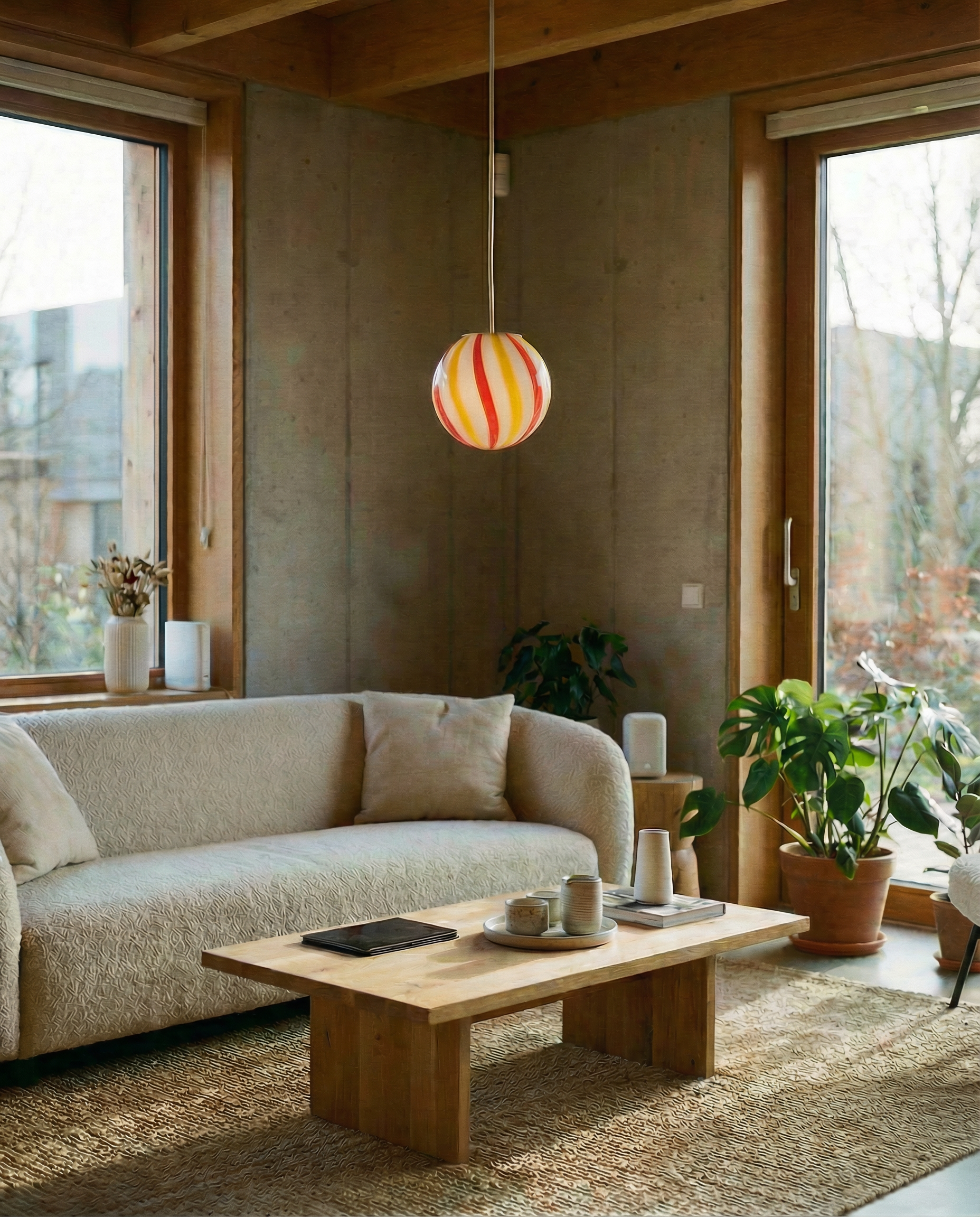 Candy Murano glass sphere pendant lamp "Una Festa!" red and yellow soft swirl D20