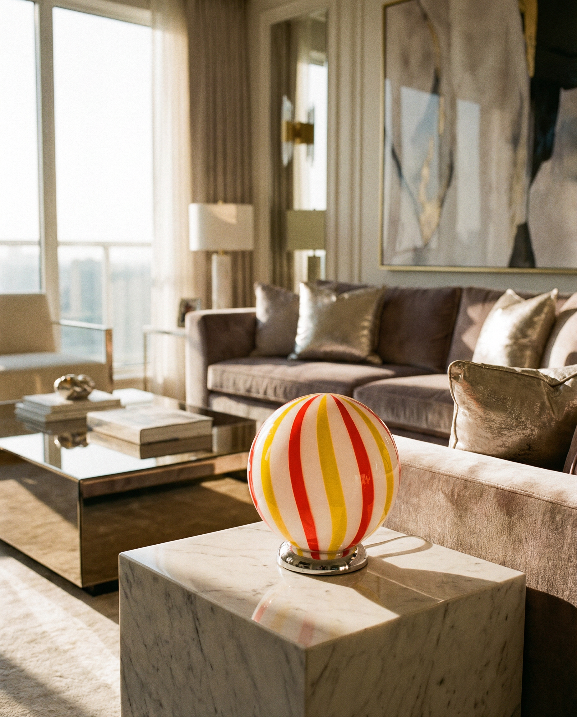 Lampada da tavolo Candy a sfera "Una Festa!", in vetro di Murano rosso e giallo con vortice morbido D20