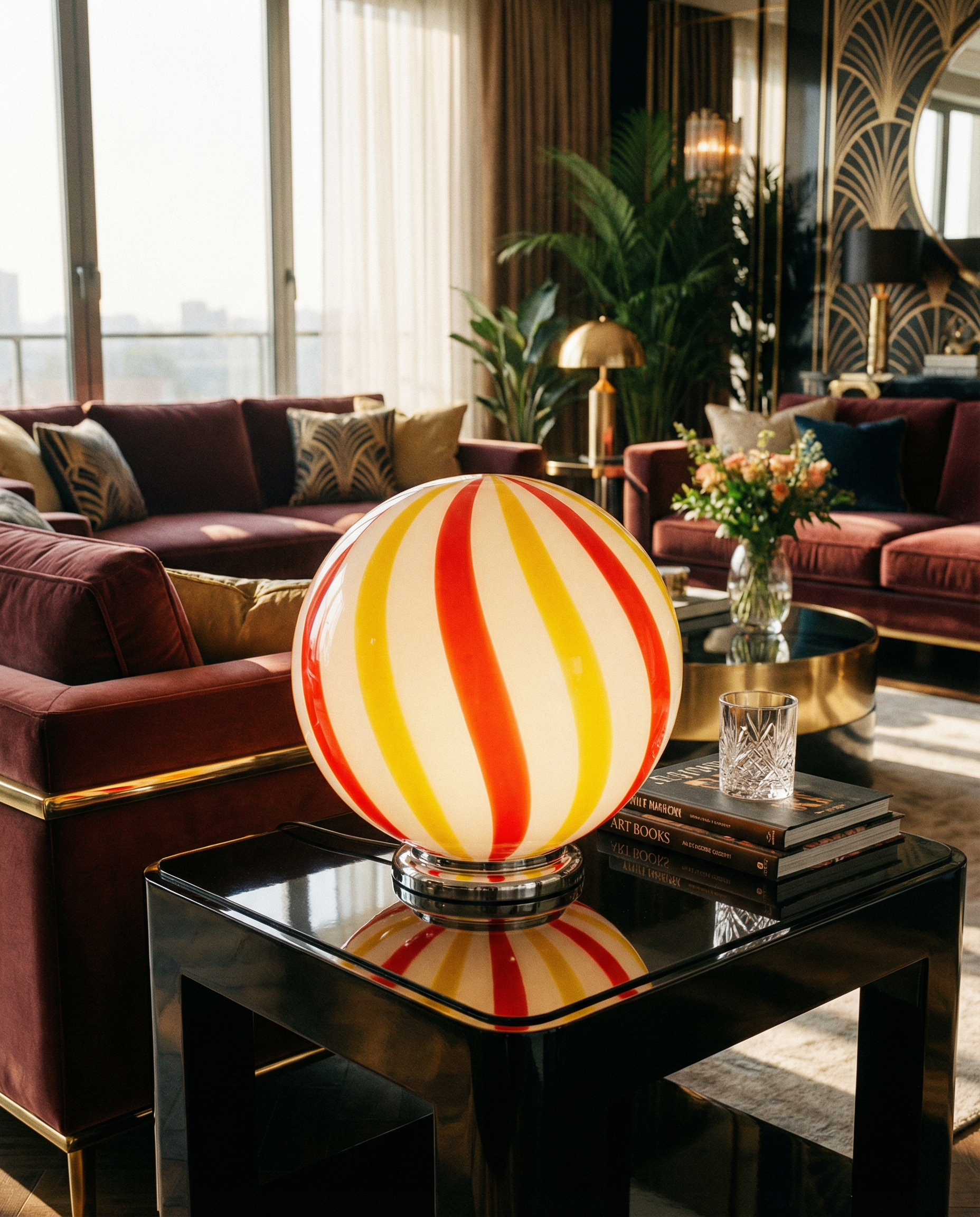 Candy Murano glass sphere table lamp "Una Festa!" red and yellow soft swirl D40