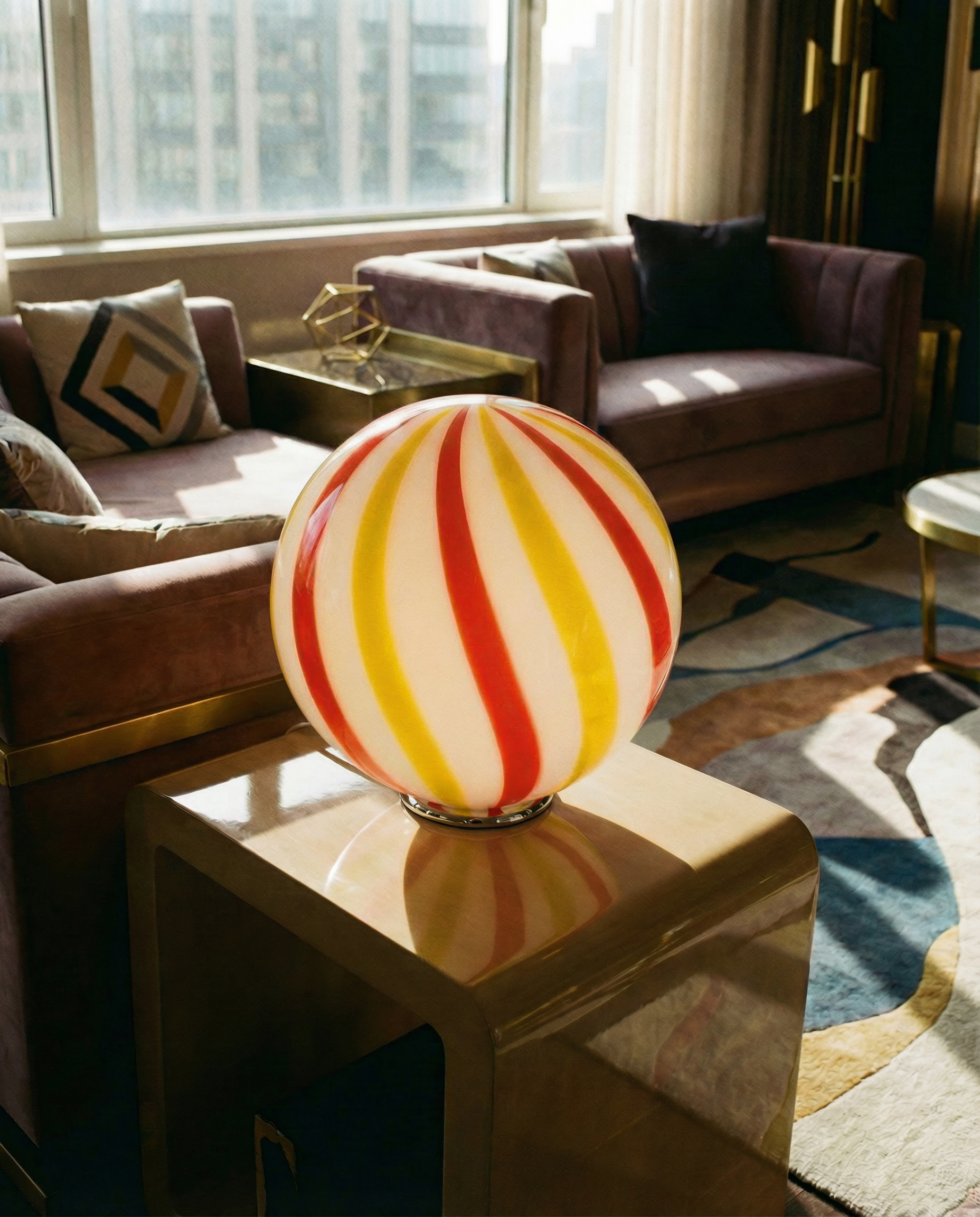 Candy Murano glass sphere table lamp "Una Festa!" red and yellow soft swirl D40