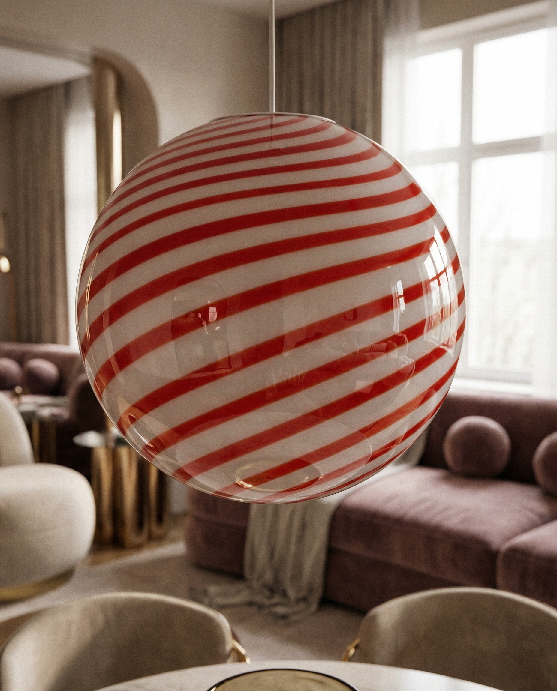 Candy Murano glass sphere pendant lamp red and white swirl D30