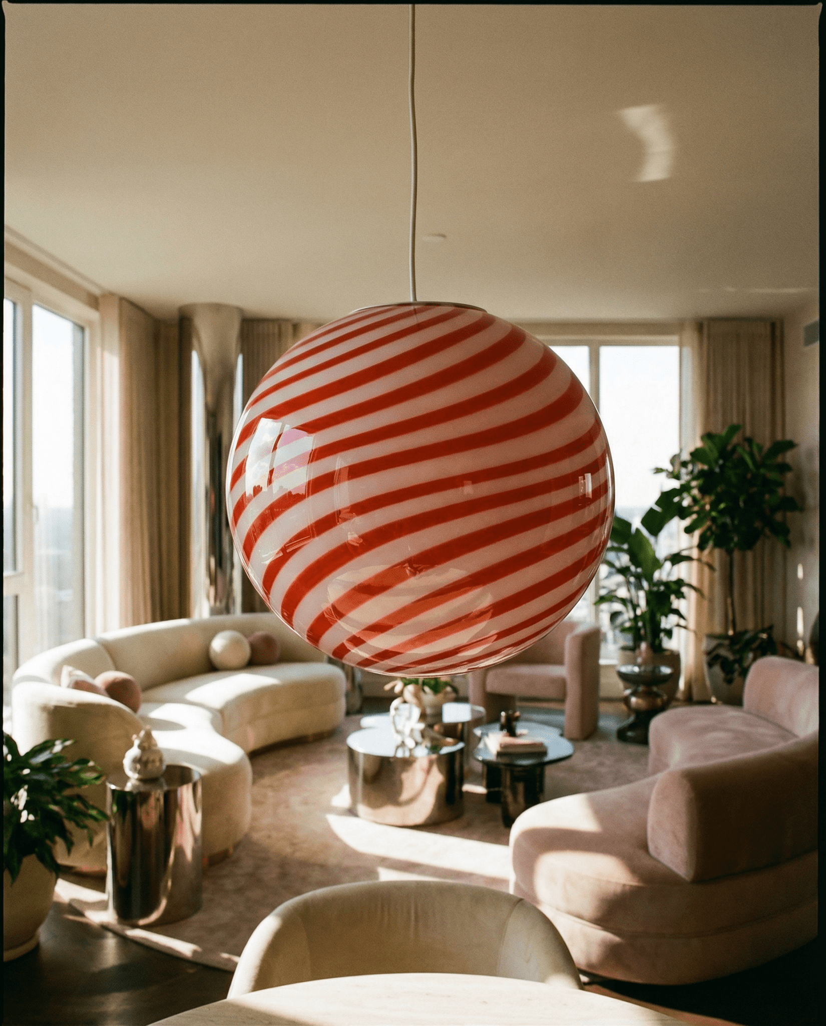 Candy Murano glass sphere pendant lamp red and white swirl D30