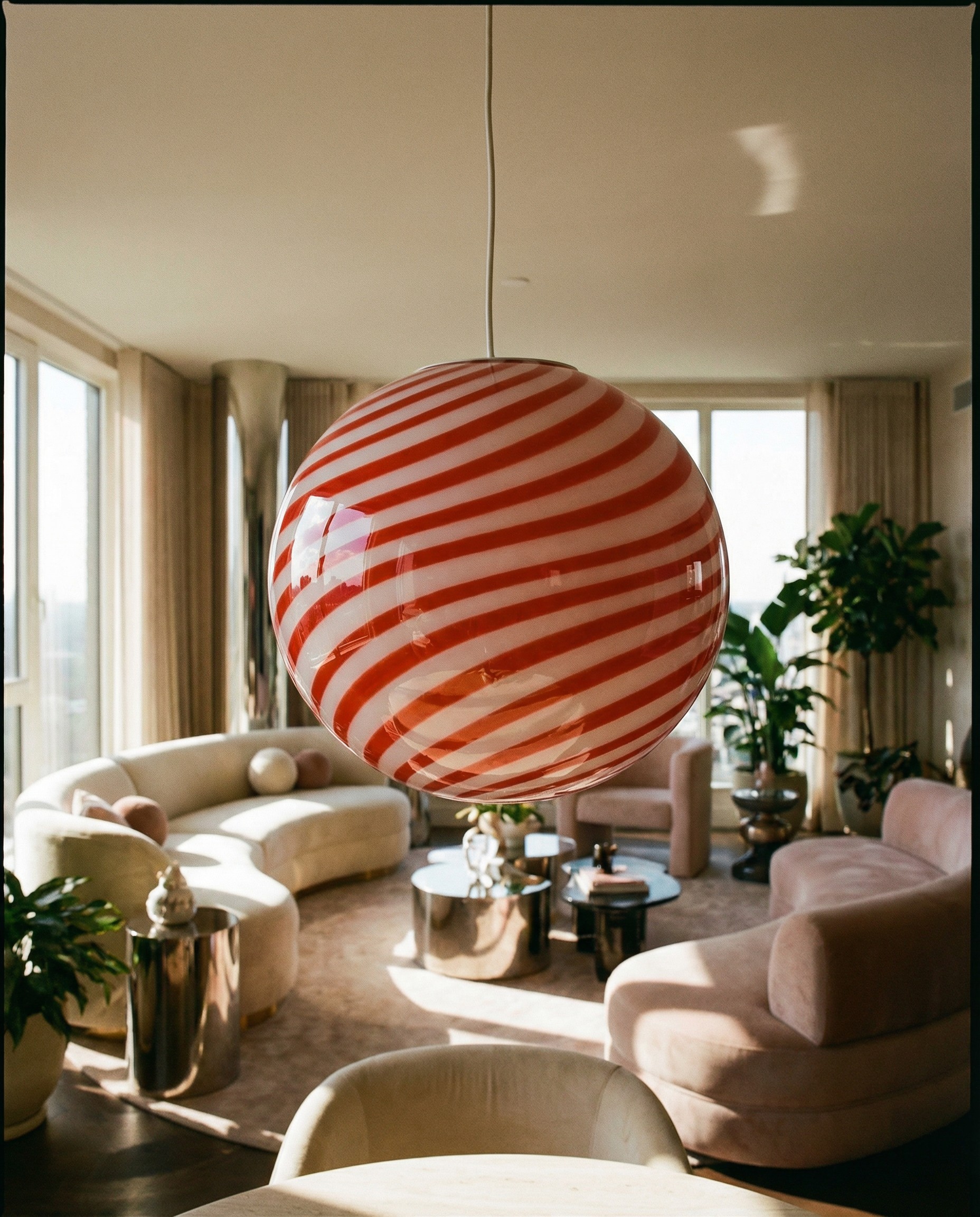 Candy Murano glass sphere pendant lamp red and white swirl D30