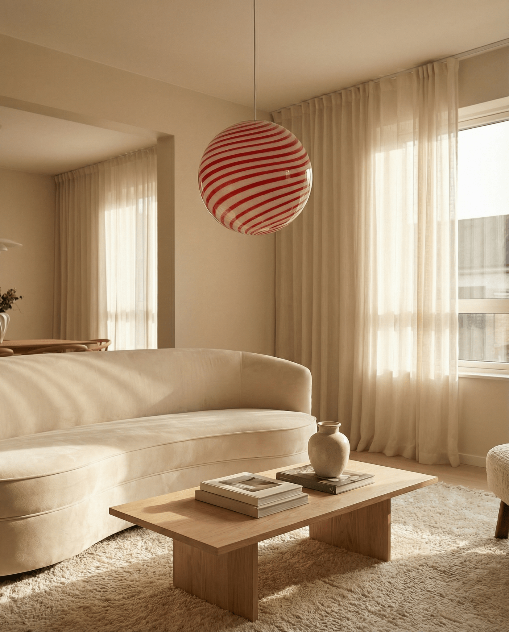 Candy Murano glass sphere pendant lamp red and white swirl D30