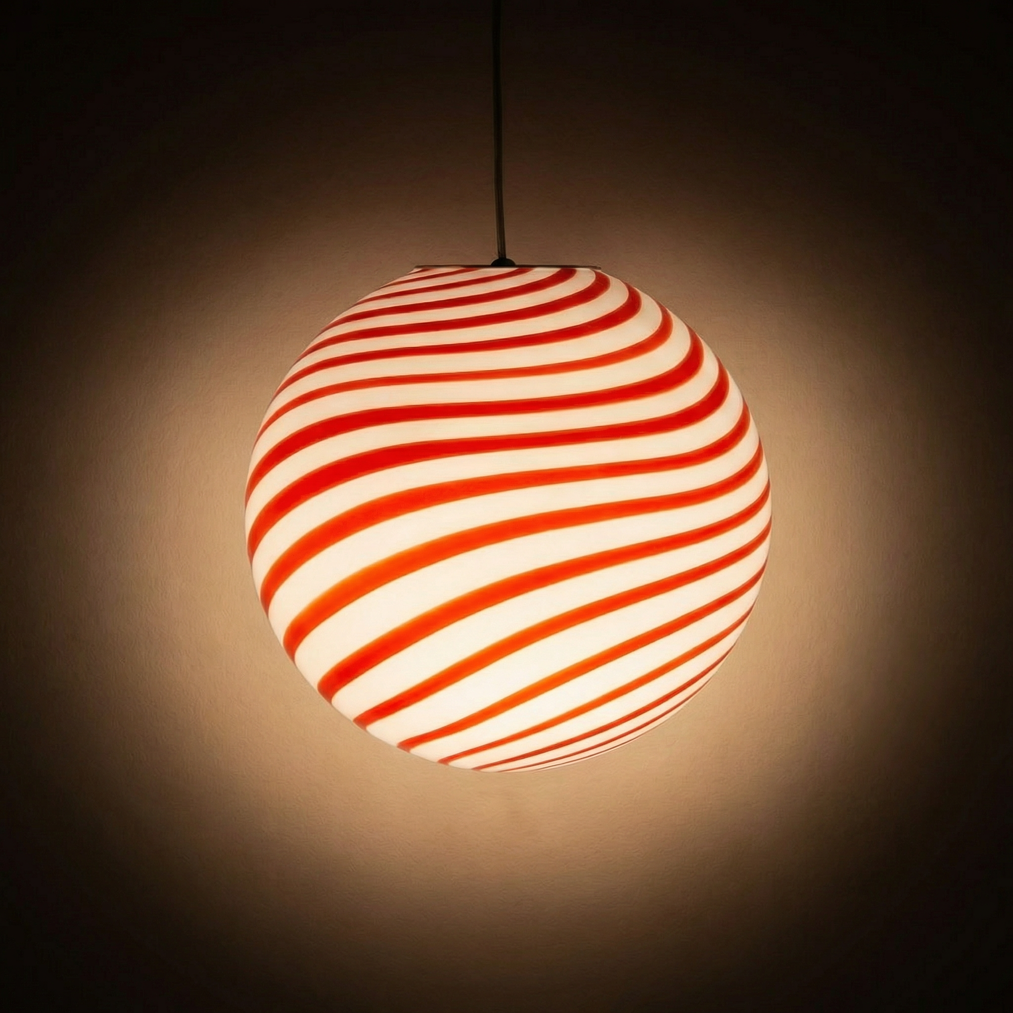 Candy Murano glass sphere pendant lamp red and white swirl D30