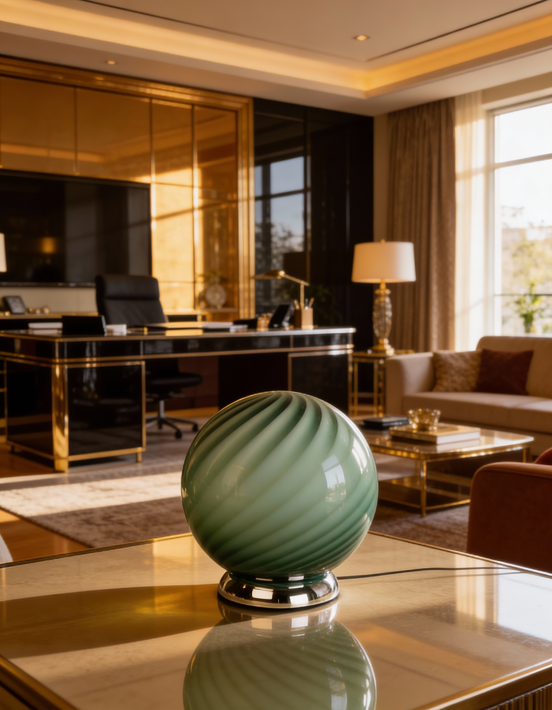 Lampada da tavolo Candy a sfera in vetro di Murano verde salvia a spirale D20