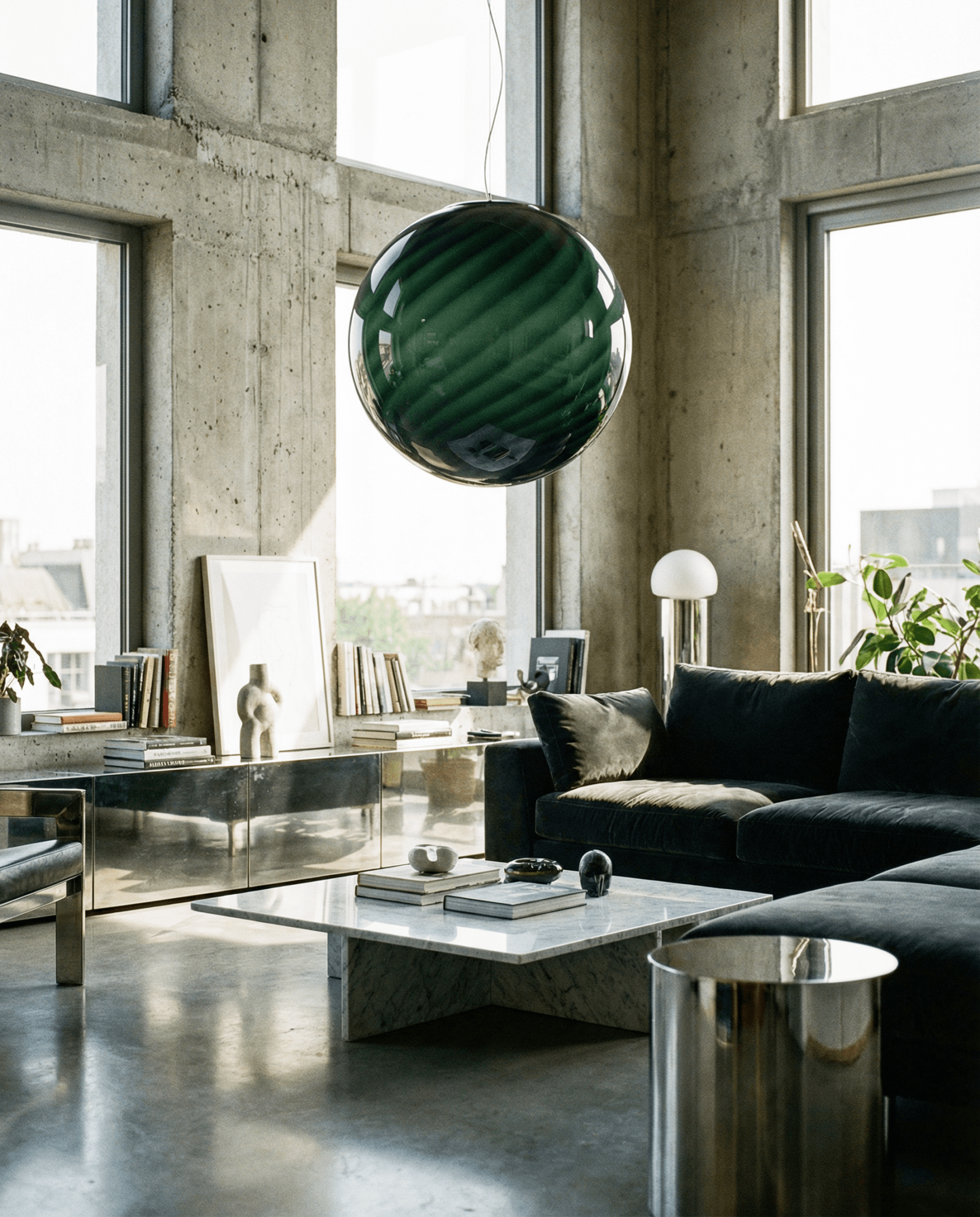 Candy Murano glass sphere pendant lamp sage green swirl D40