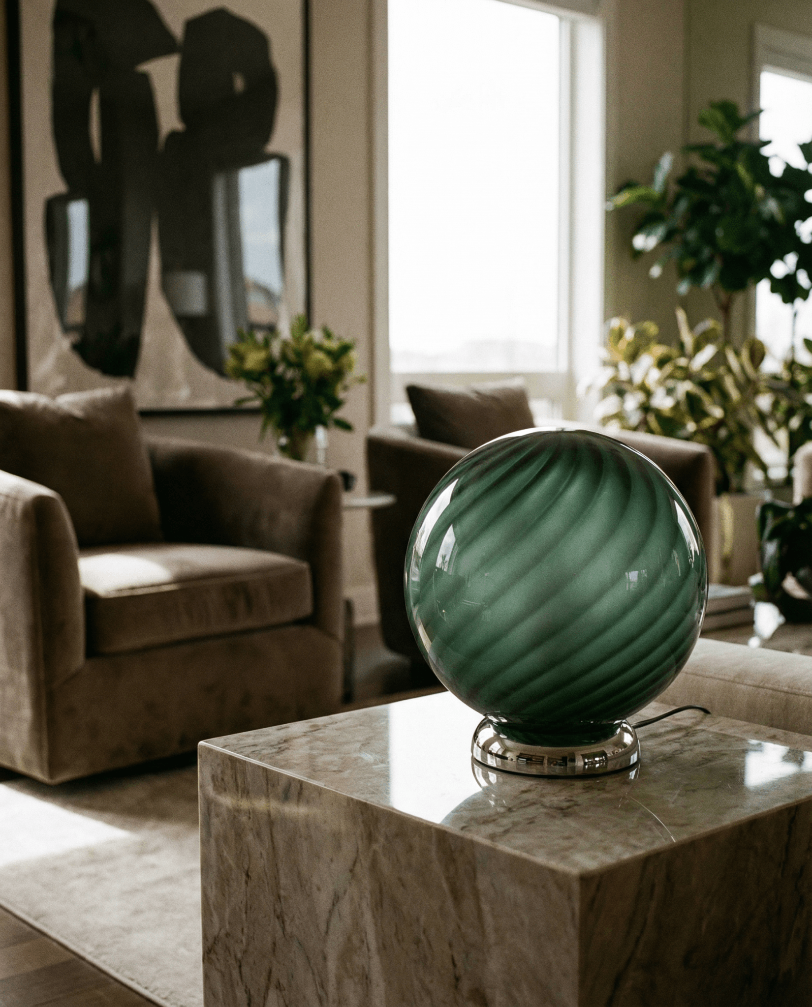 Candy Murano glass sphere table lamp sage green swirl D20
