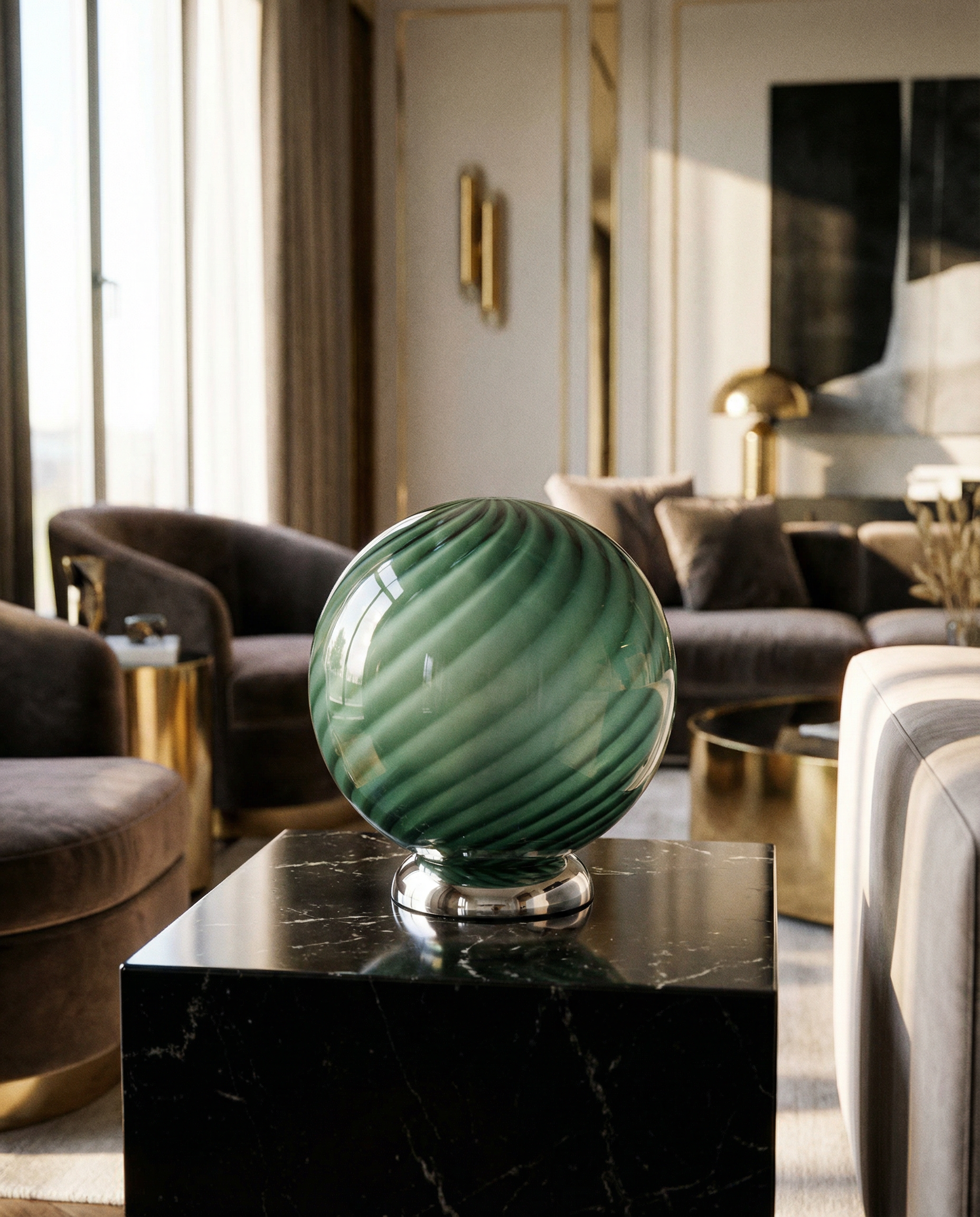 Lampada da tavolo Candy a sfera in vetro di Murano verde salvia a spirale D20