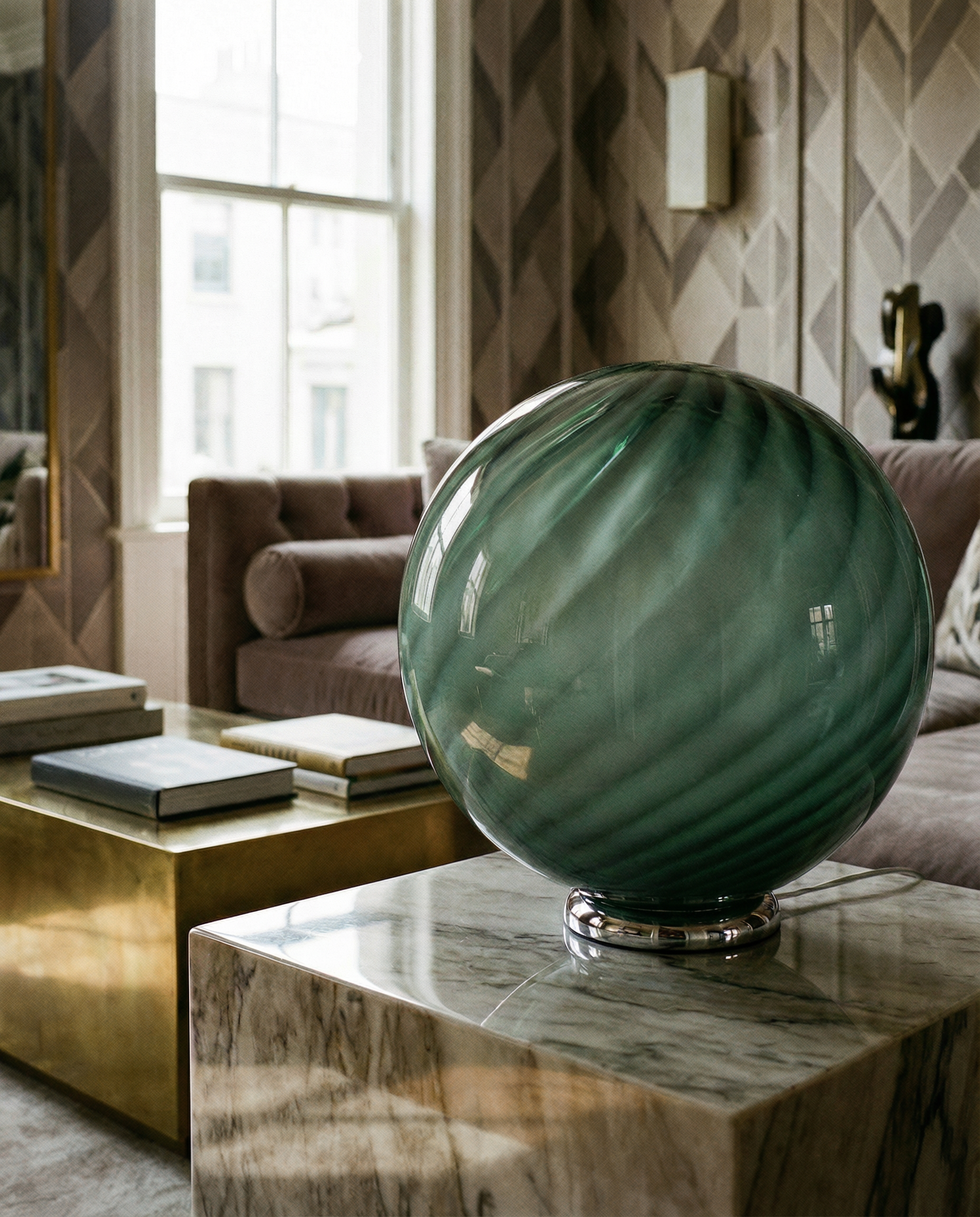 Candy Murano glass sphere table lamp sage green swirl D40