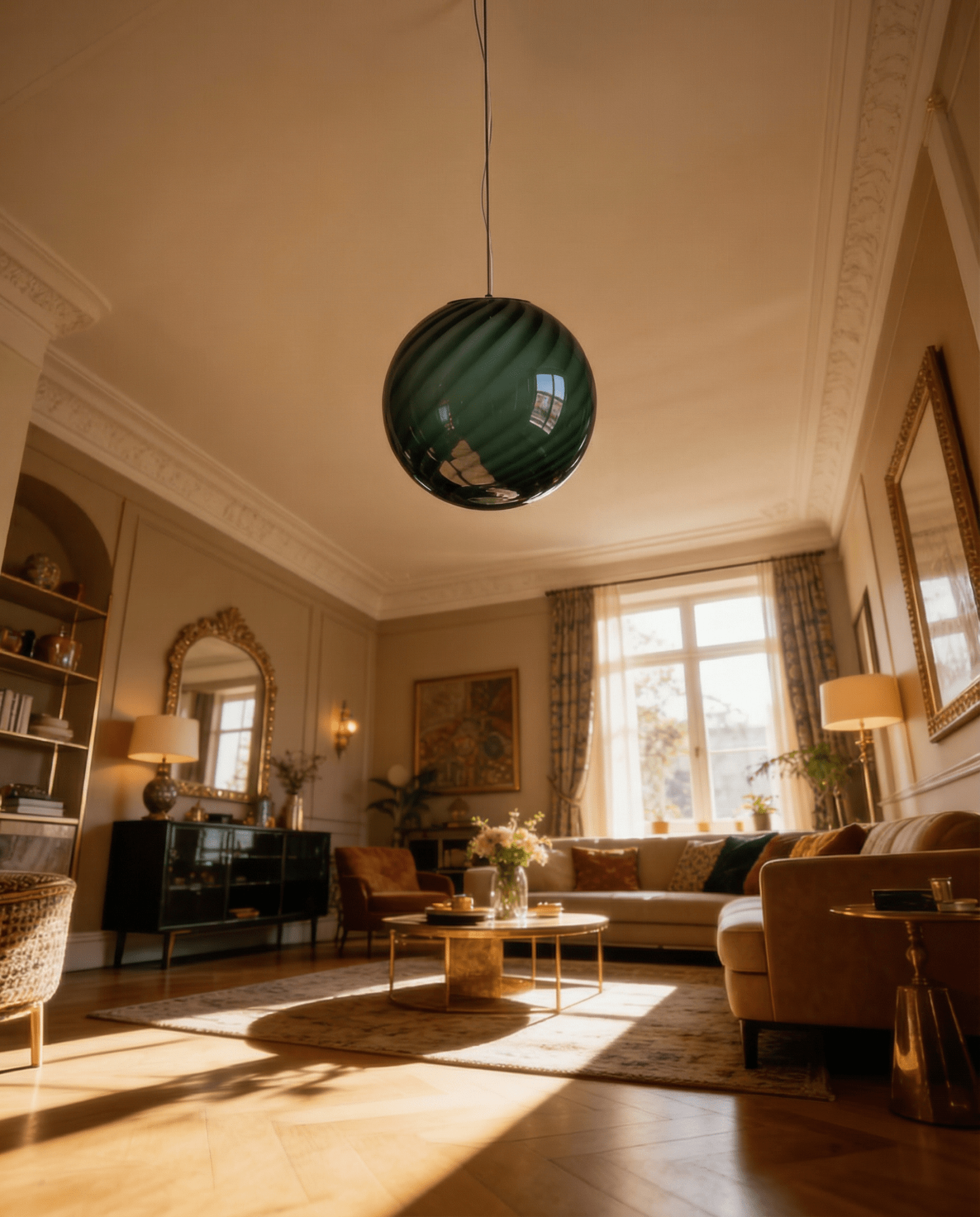 Candy Murano glass sphere pendant lamp sage green swirl D40