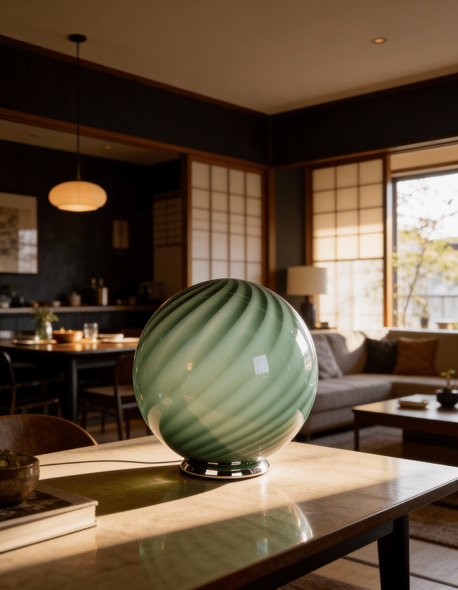 Candy Murano glass sphere table lamp sage green swirl D40