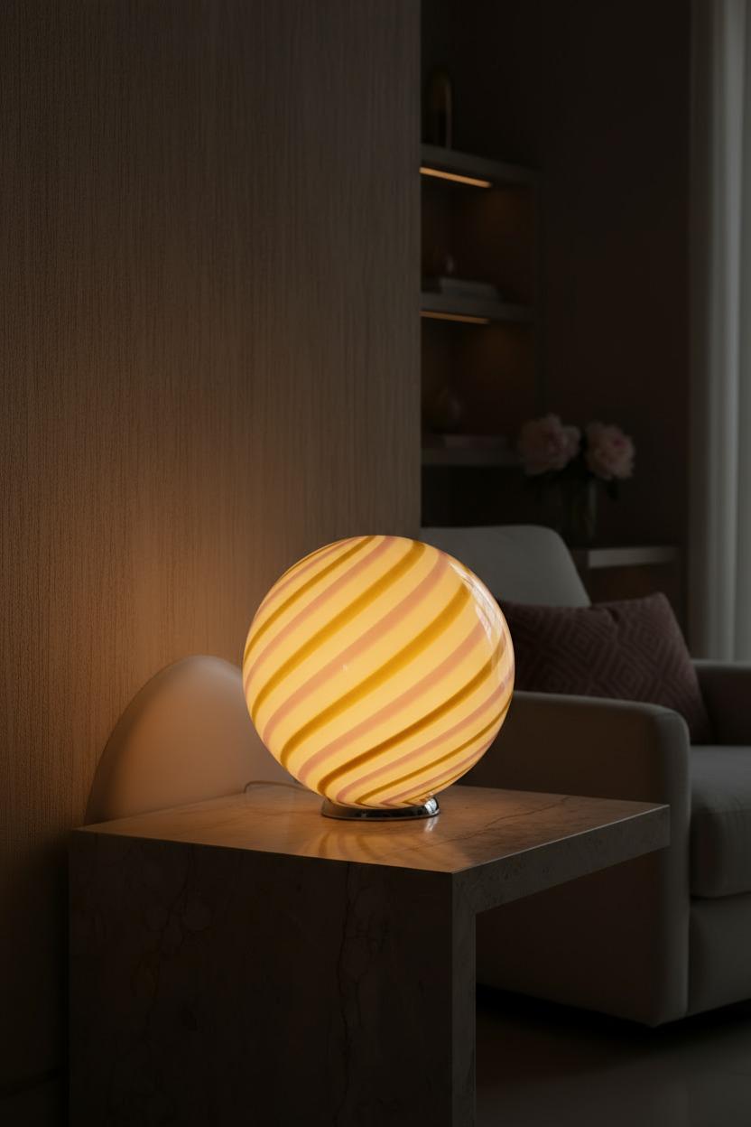 Lampada da tavolo Candy a sfera in vetro di Murano "Love & Senape" rosa e giallo a spirale D40