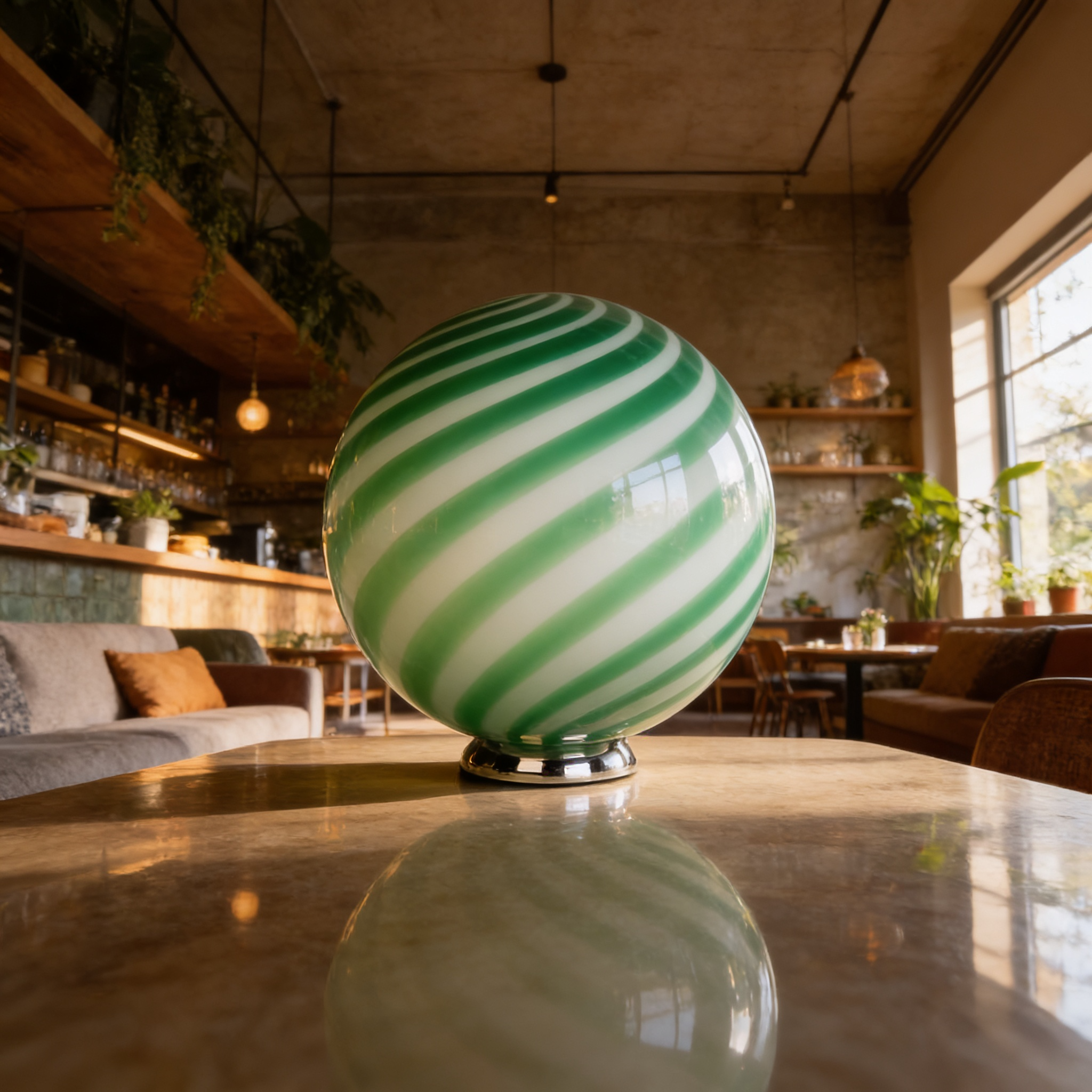 Lampada da tavolo Candy a sfera in vetro di Murano verde menta a spirale D30