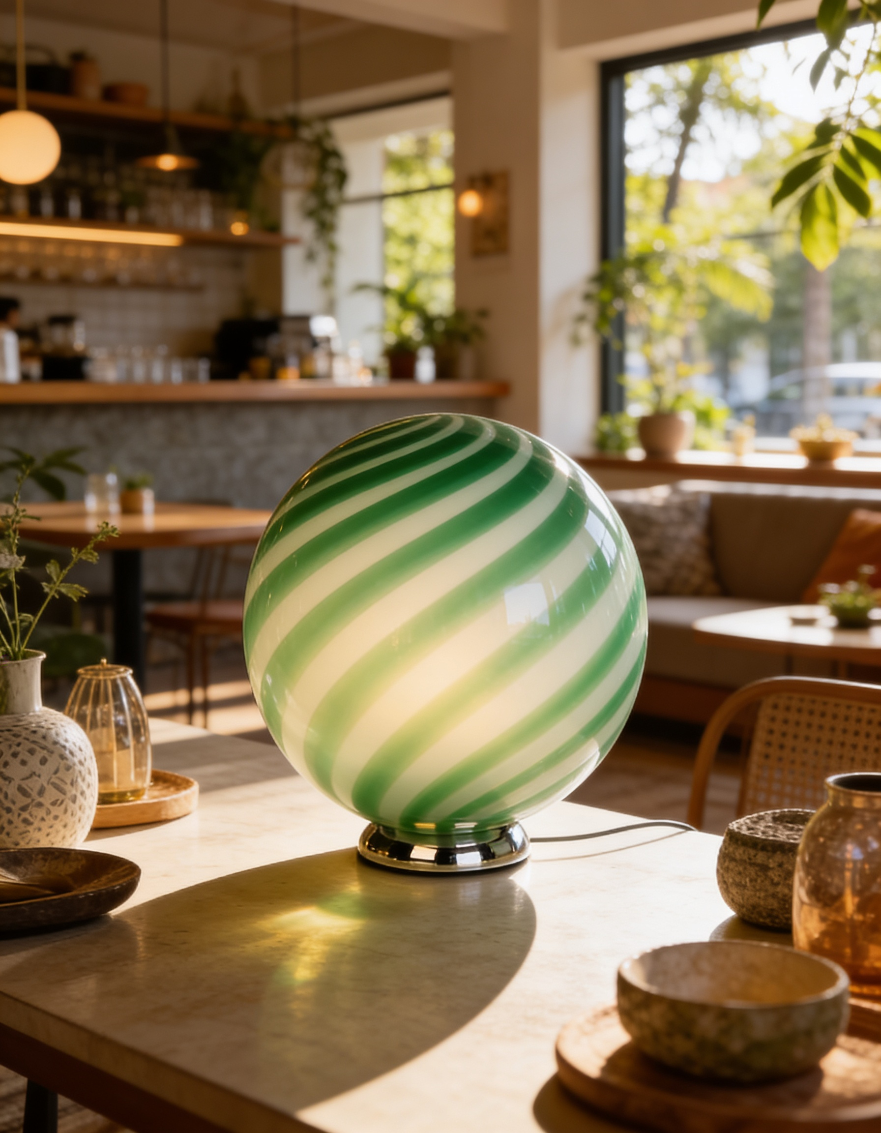 Lampada da tavolo Candy a sfera in vetro di Murano verde menta a spirale D30