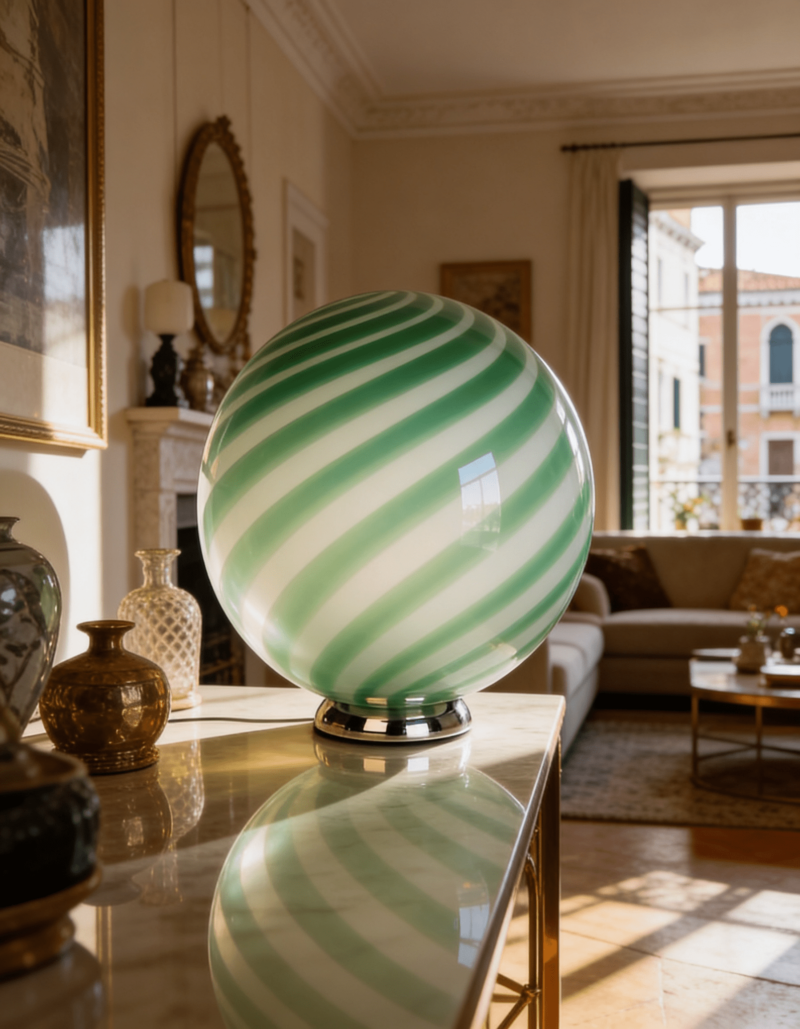 Candy Murano glass sphere table lamp green mint swirl D30