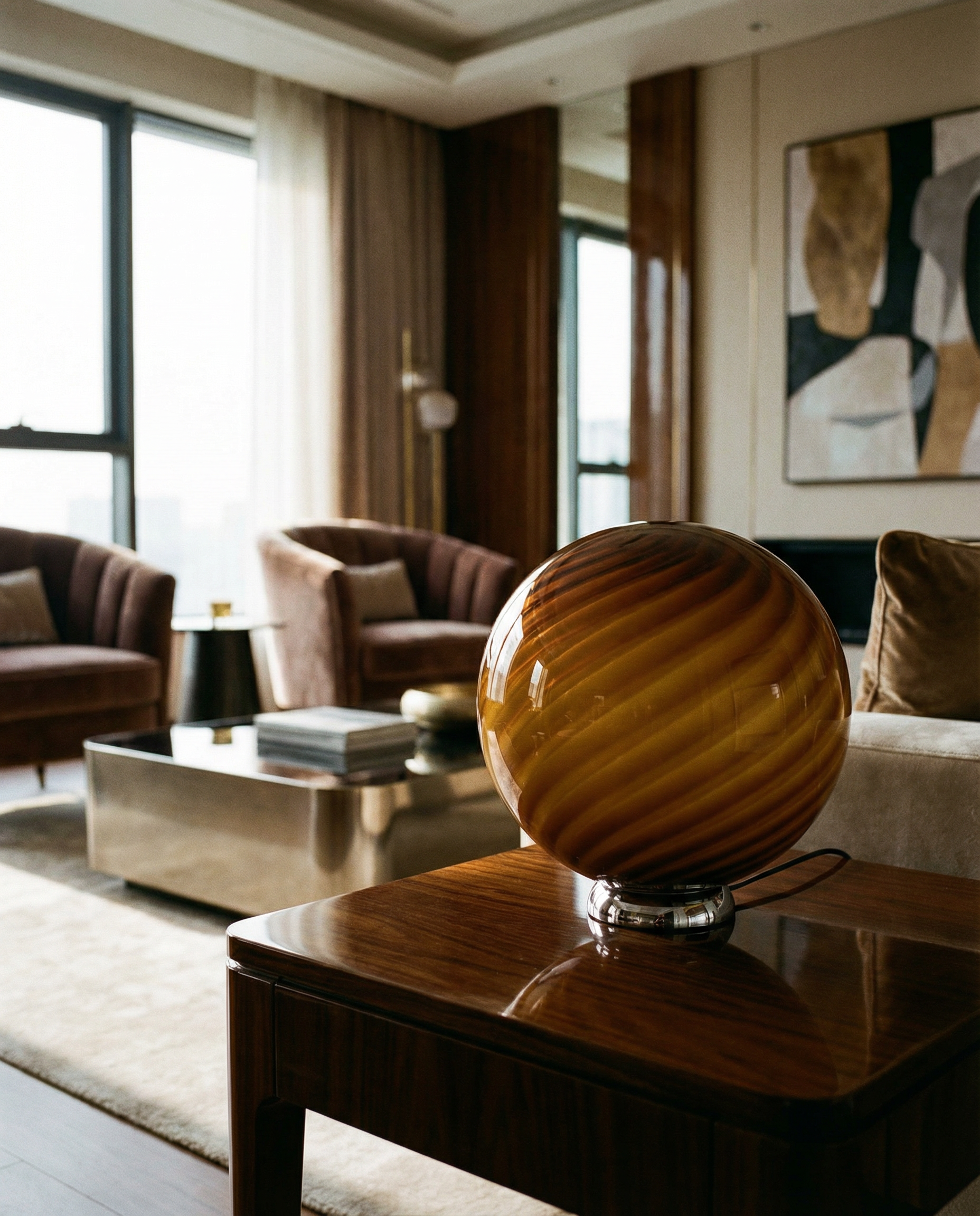 Lampada da tavolo Candy a sfera in vetro di Murano, effetto caramello e vortice D30