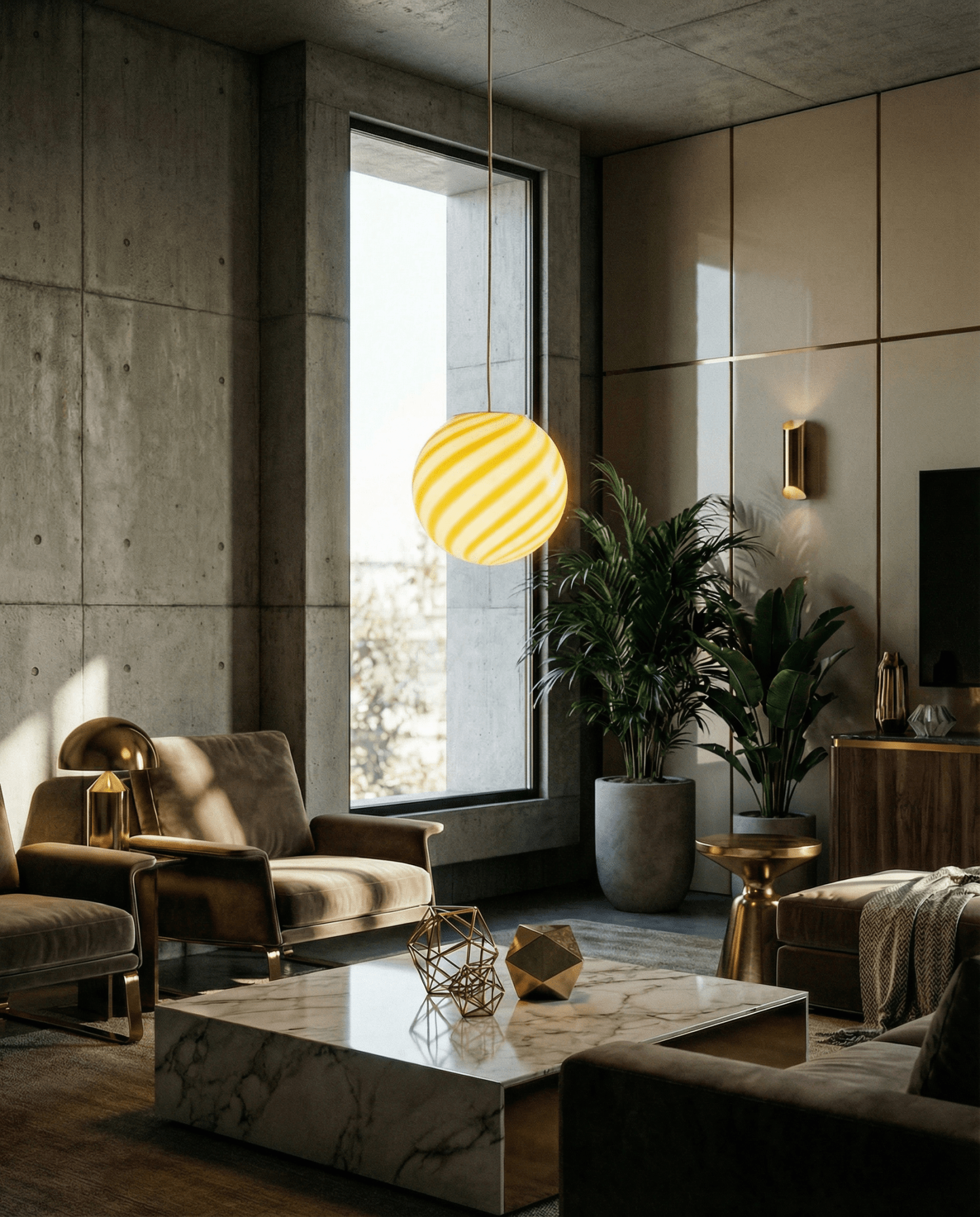 Candy Murano glass sphere pendant lamp white and yellow swirl D20