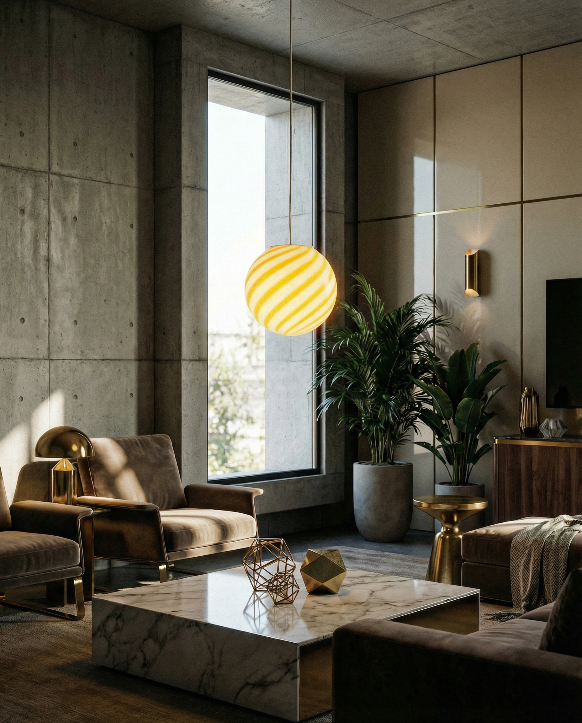 Candy Murano glass sphere pendant lamp white and yellow swirl D20