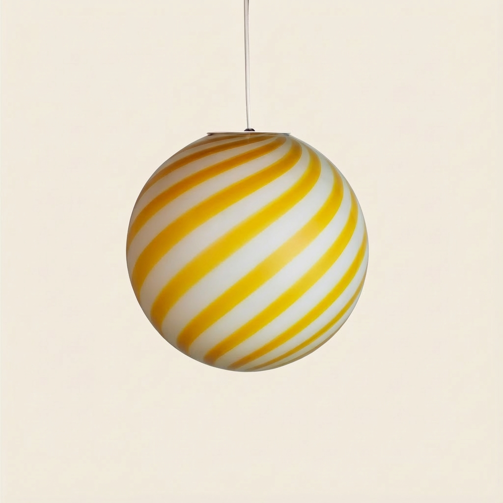 Lampada a sospensione Candy a sfera in vetro di Murano bianco e giallo a spirale D30