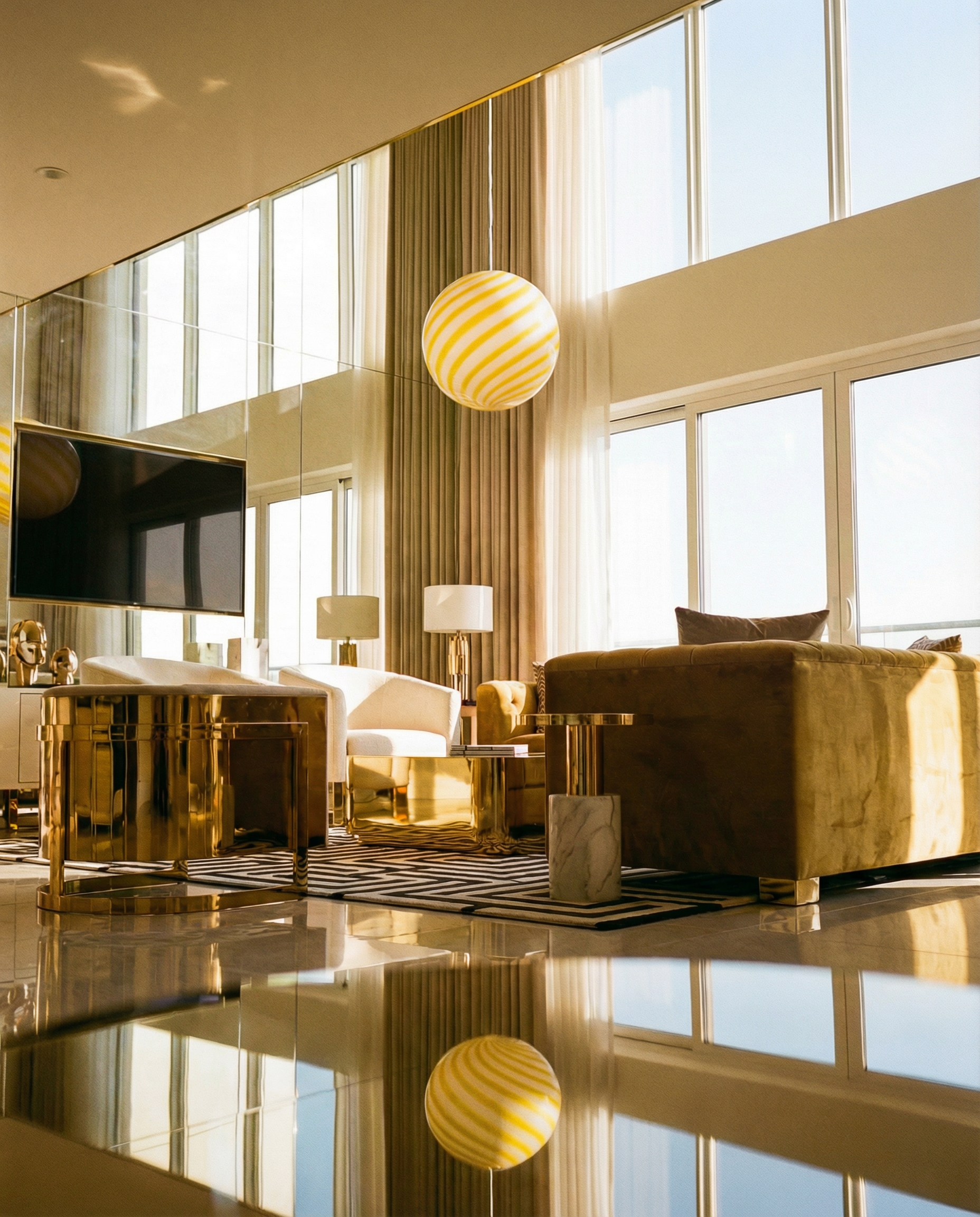 Lampada a sospensione Candy a sfera in vetro di Murano bianco e giallo a spirale D30