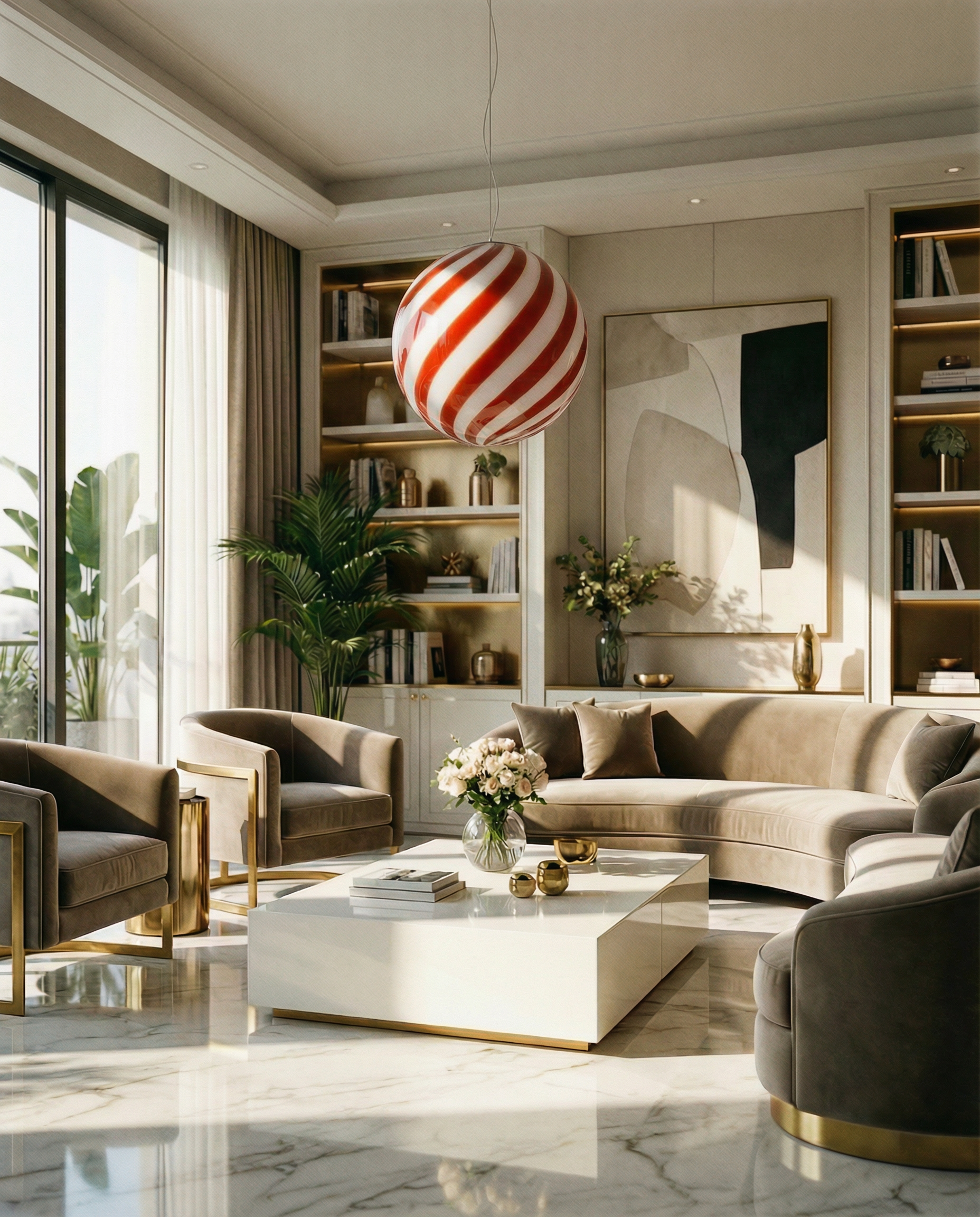 Candy Murano glass sphere pendant lamp Wild Cherry white swirl D40