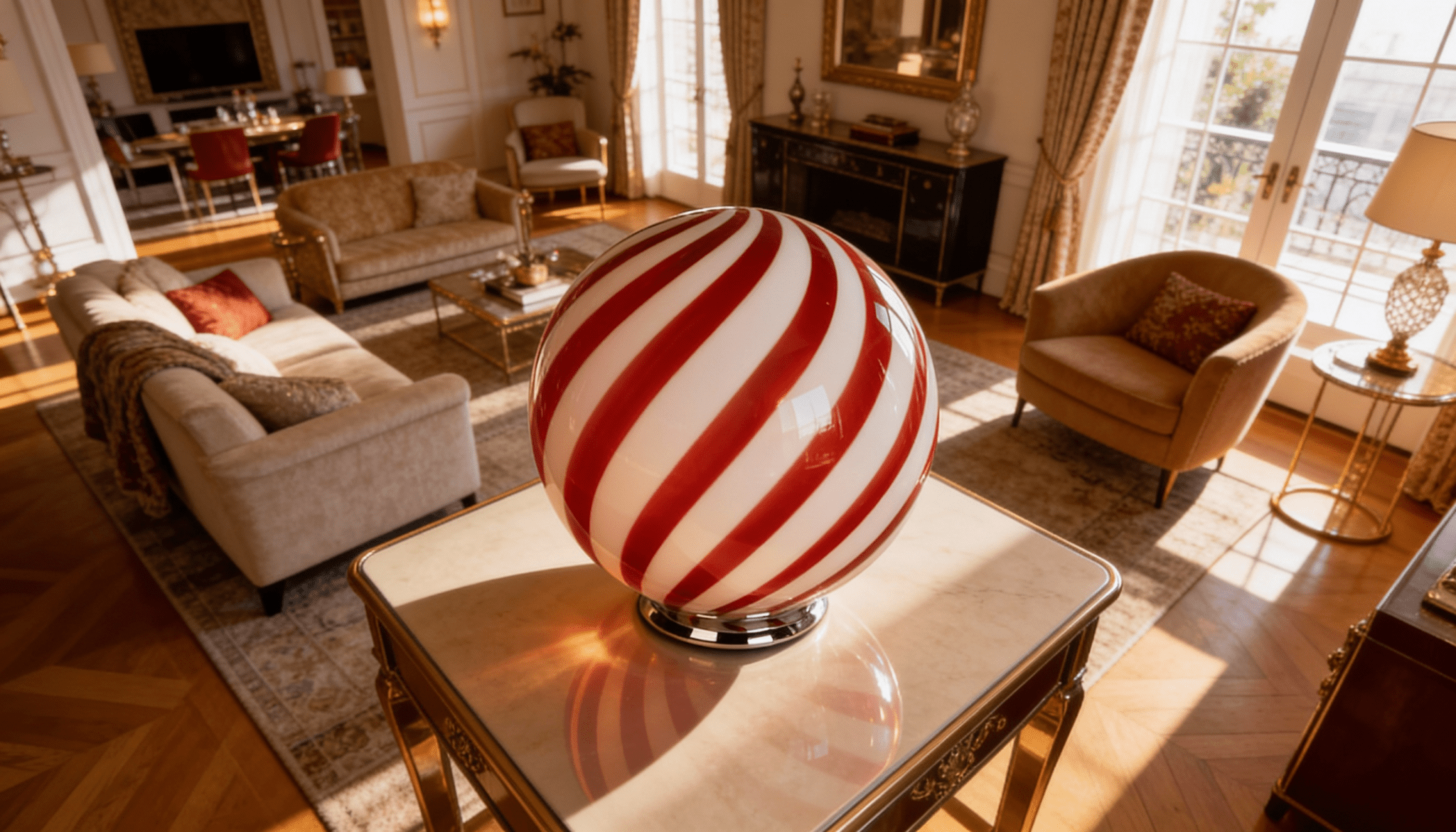 Candy Murano glass sphere table lamp wild cherry red swirl D40