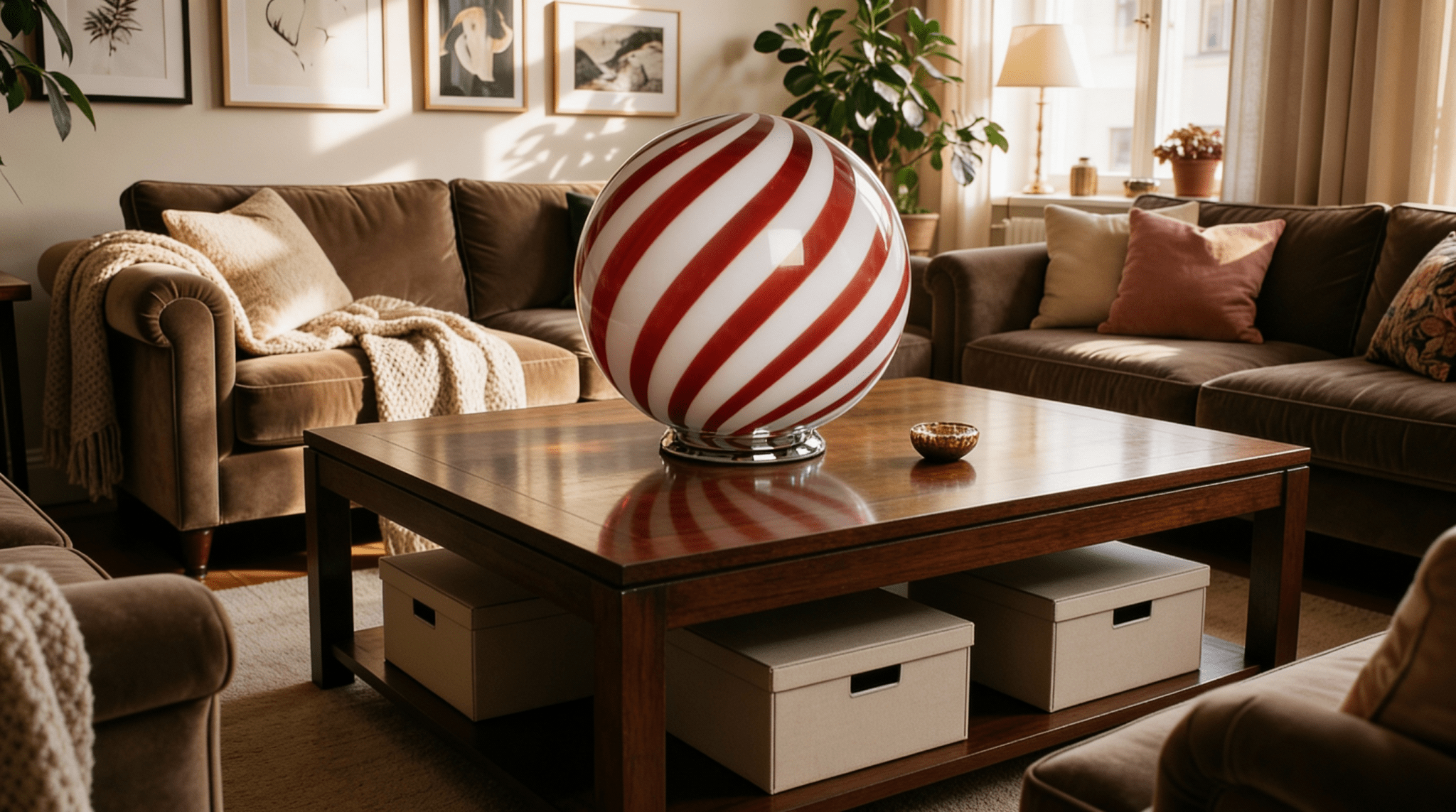 Candy Murano glass sphere table lamp wild cherry red swirl D40