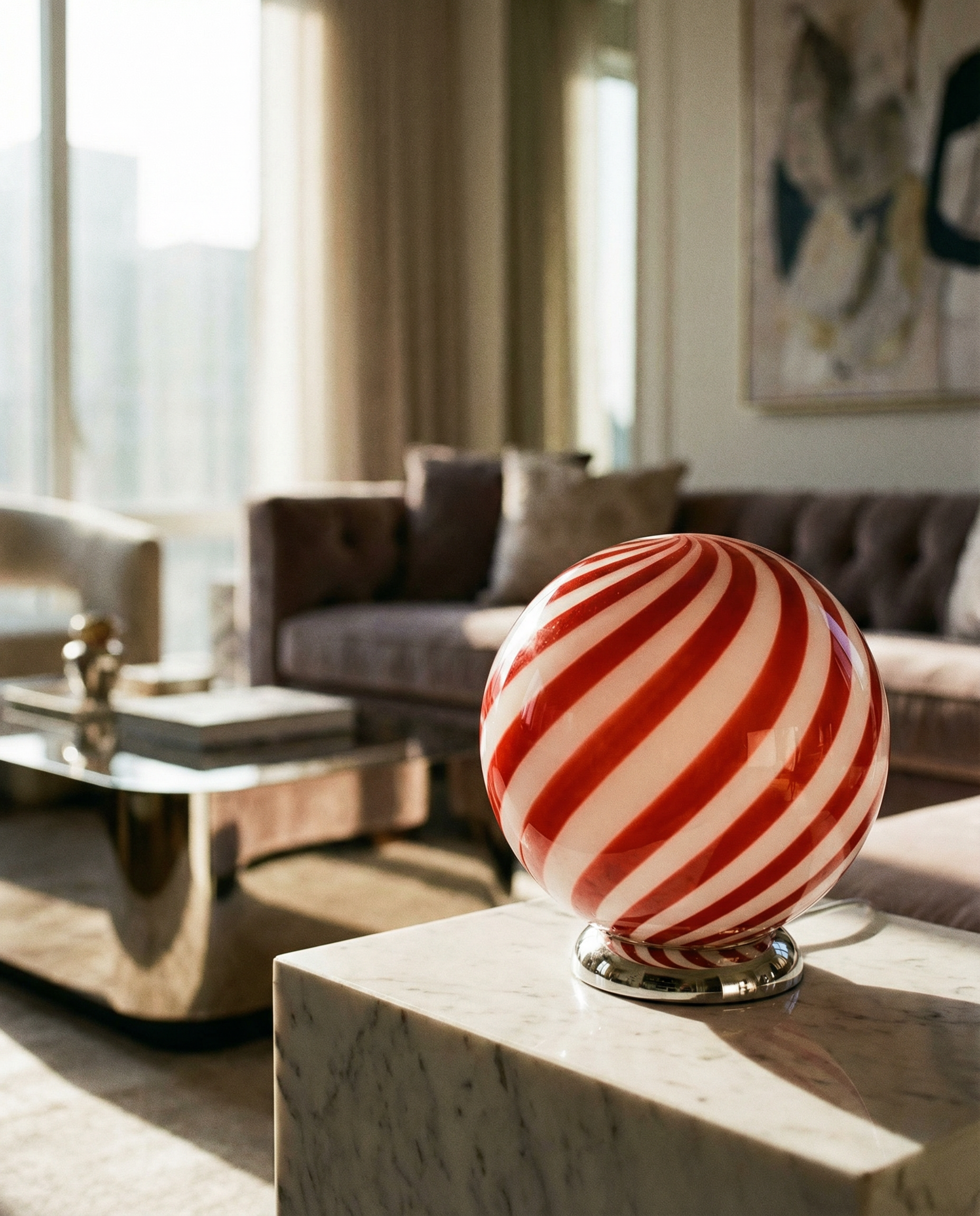 Lampada da tavolo Candy a sfera in vetro di Murano, spirale rosso ciliegia D20