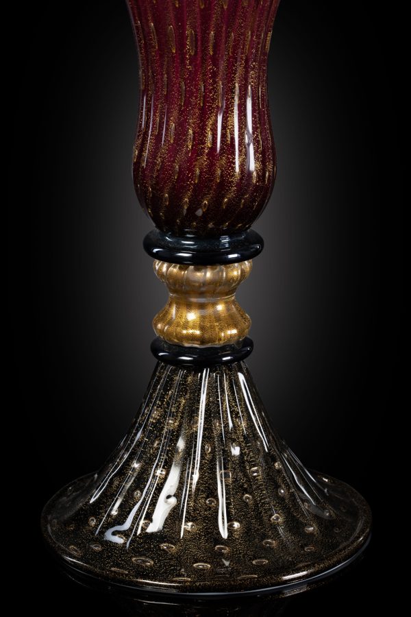 vaso artistico in vetro soffiato di murano nero e rubino foglia oro