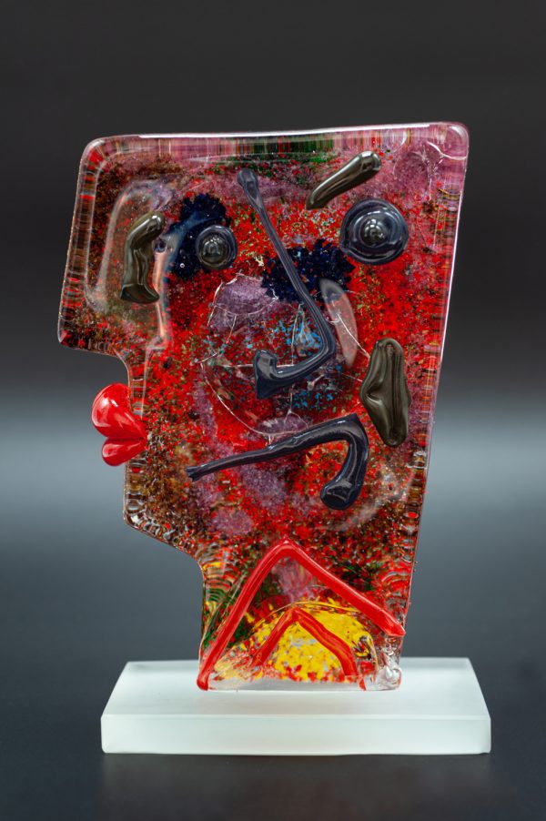 murano glass sculpture, cubism design, red yellow green, multicolour