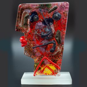 murano glass sculpture, cubism design, red yellow green, multicolour