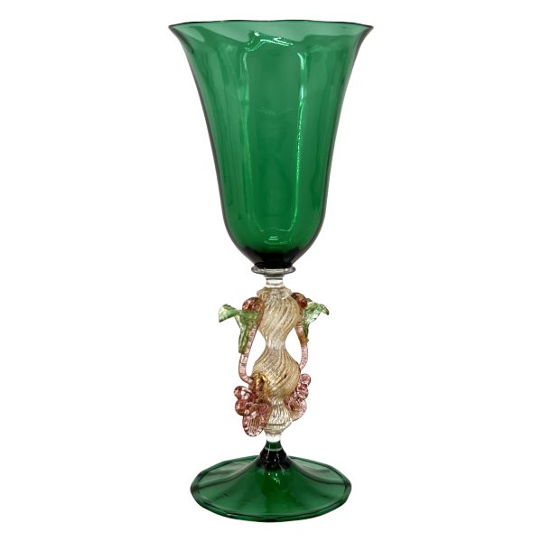 1295 Murano hand made glass goblet, smeraldo flowers