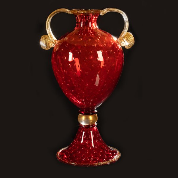 lampada da tavolo e vaso artistico in vetro soffiato di murano rosso rubino foglia oro