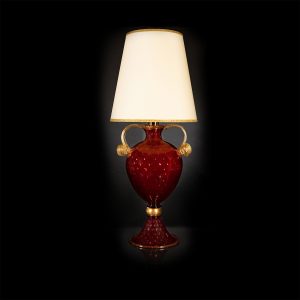 lampada da tavolo e vaso artistico in vetro soffiato di murano rosso rubino foglia oro