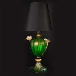 lampada da tavolo e vaso artistico in vetro soffiato di murano verde smeraldo foglia oro