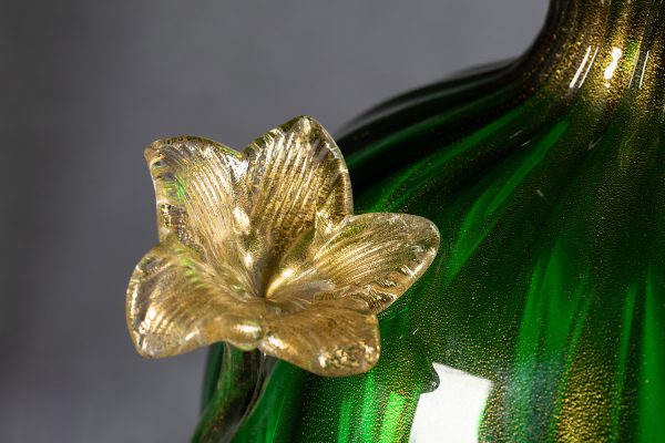 lampada da tavolo e vaso artistico in vetro soffiato di murano verde smeraldo foglia oro