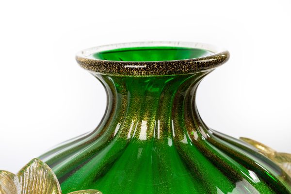 lampada da tavolo e vaso artistico in vetro soffiato di murano verde smeraldo foglia oro